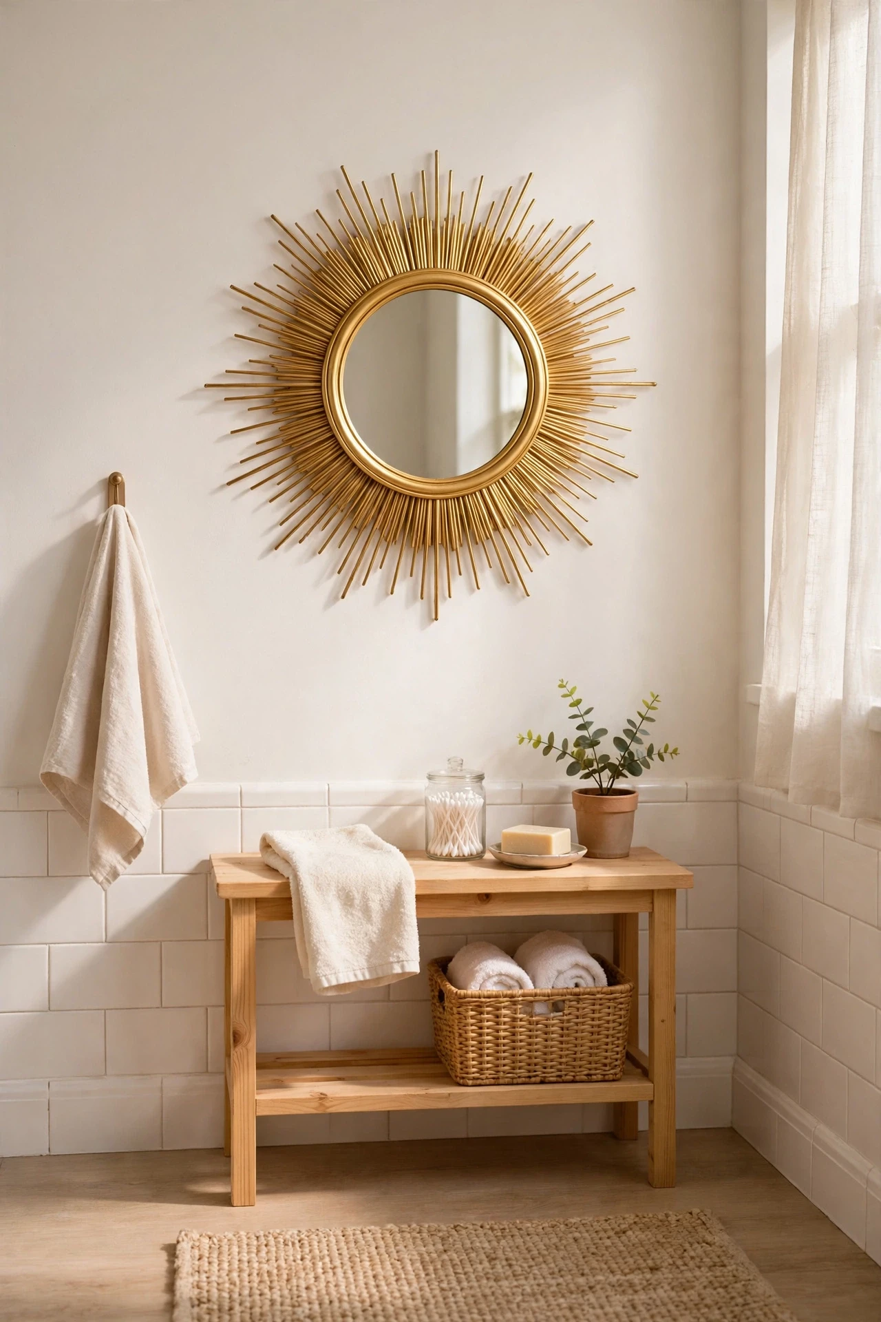 Gold sunburst mirror as a focal point on a bathroom wall