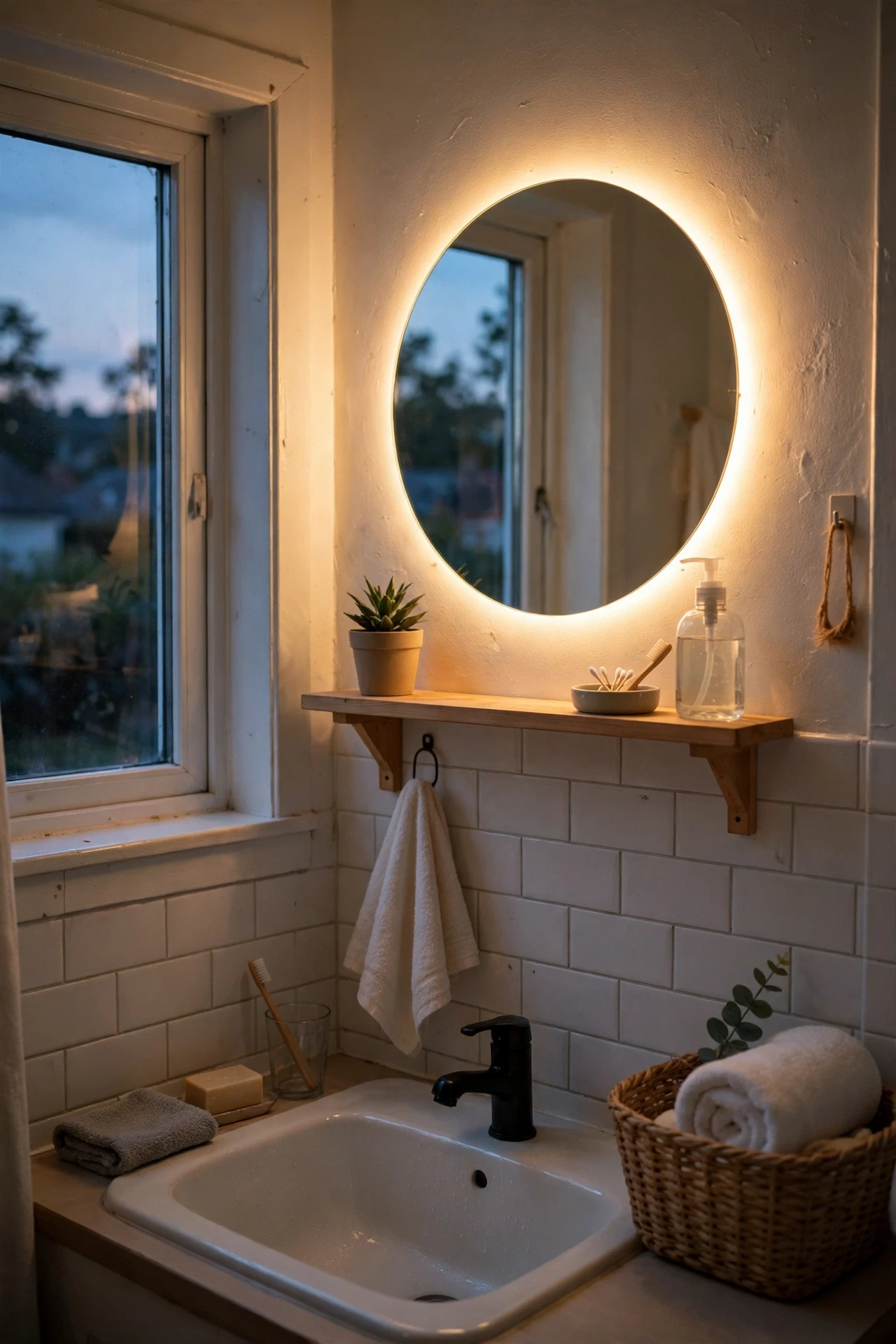 Bathroom mirror glowing with a warm LED halo light behind it