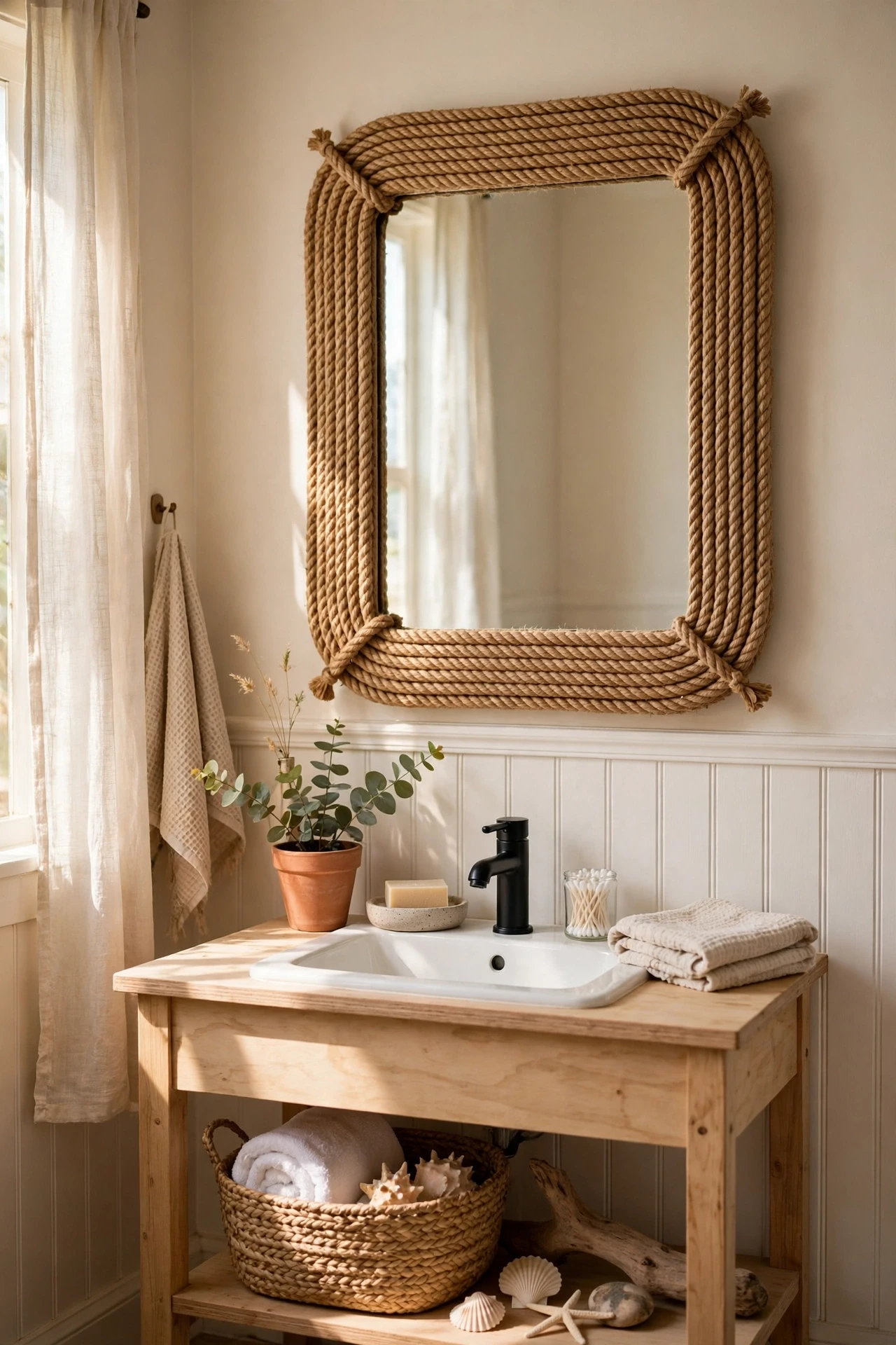 Bathroom mirror frame wrapped in natural rope with coastal styling