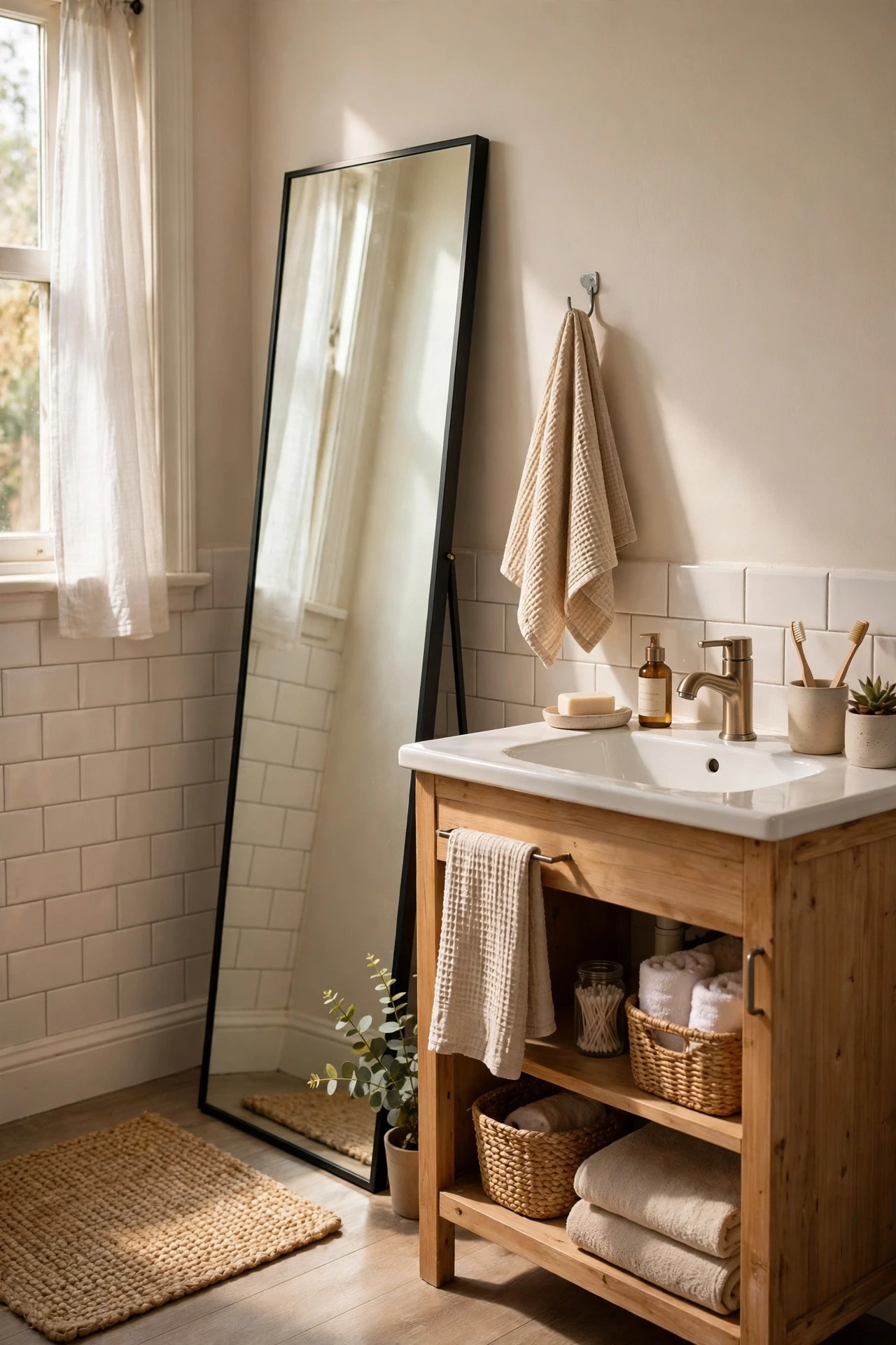 Tall full-length mirror leaned against a bathroom wall beside a vanity