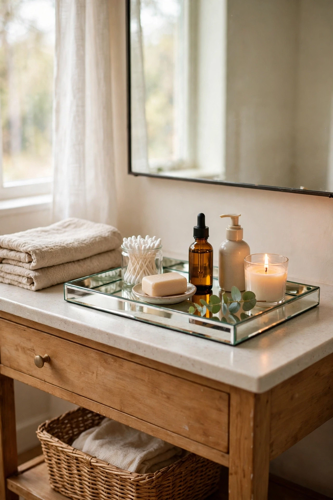 Mirrored tray with toiletries on a bathroom vanity under a mirror