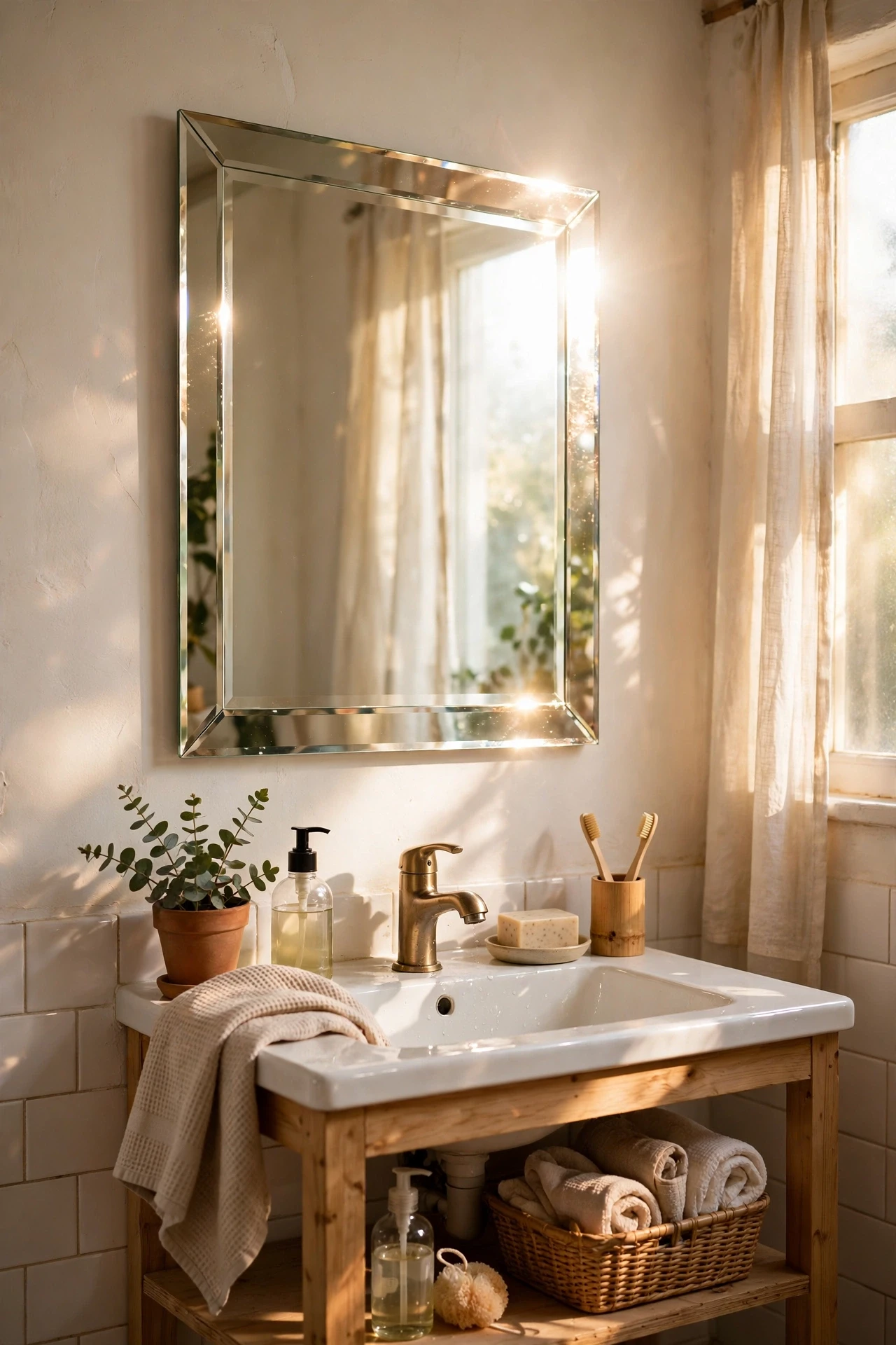 Bevelled edge bathroom mirror catching light above a sink