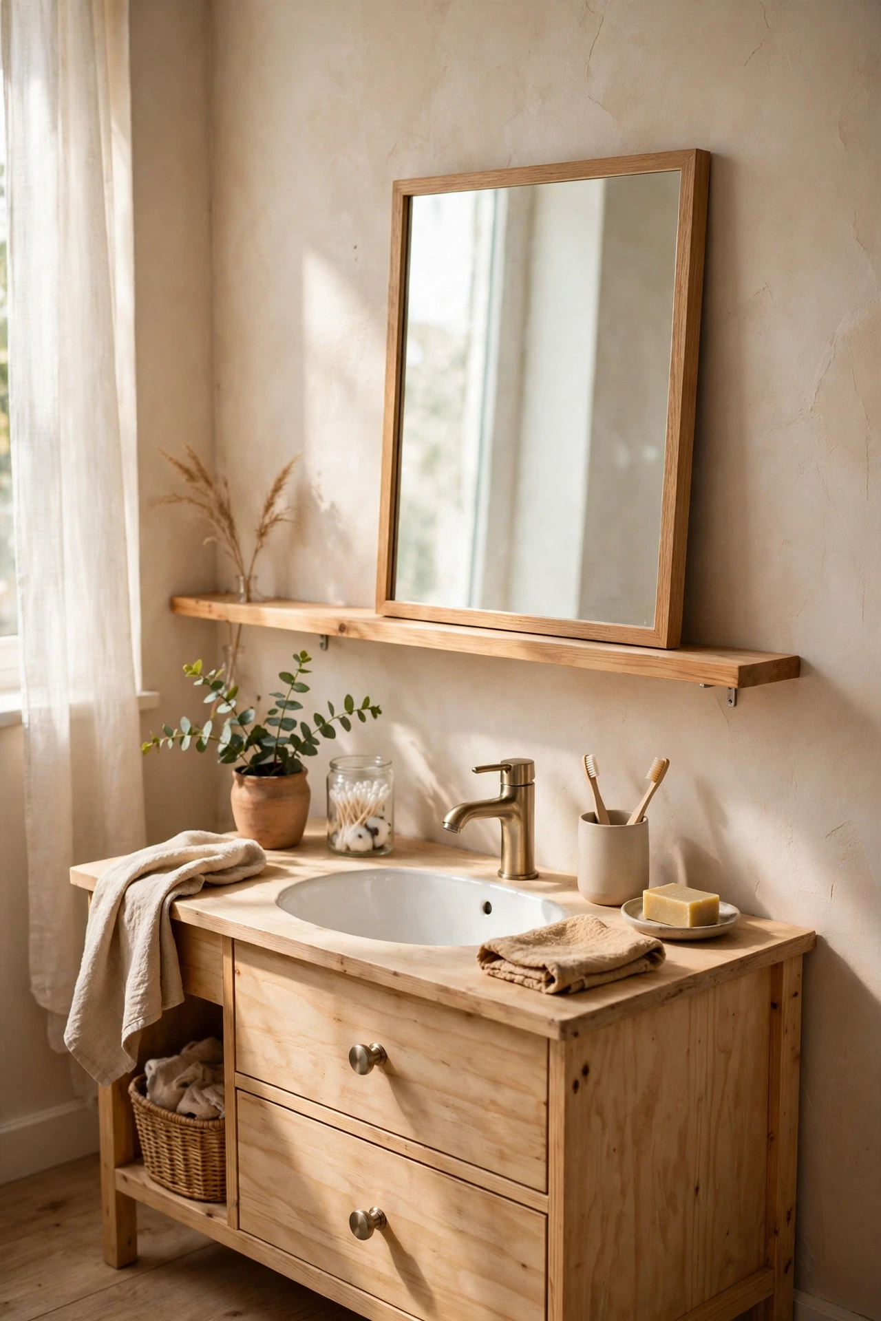 Bathroom mirror hung on a picture ledge cleat for easy swapping