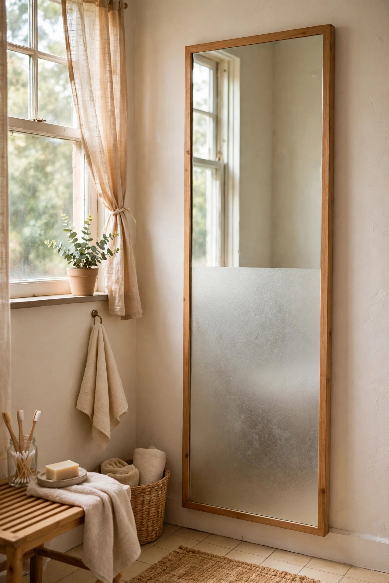 Tall bathroom mirror with frosted film on its lower half