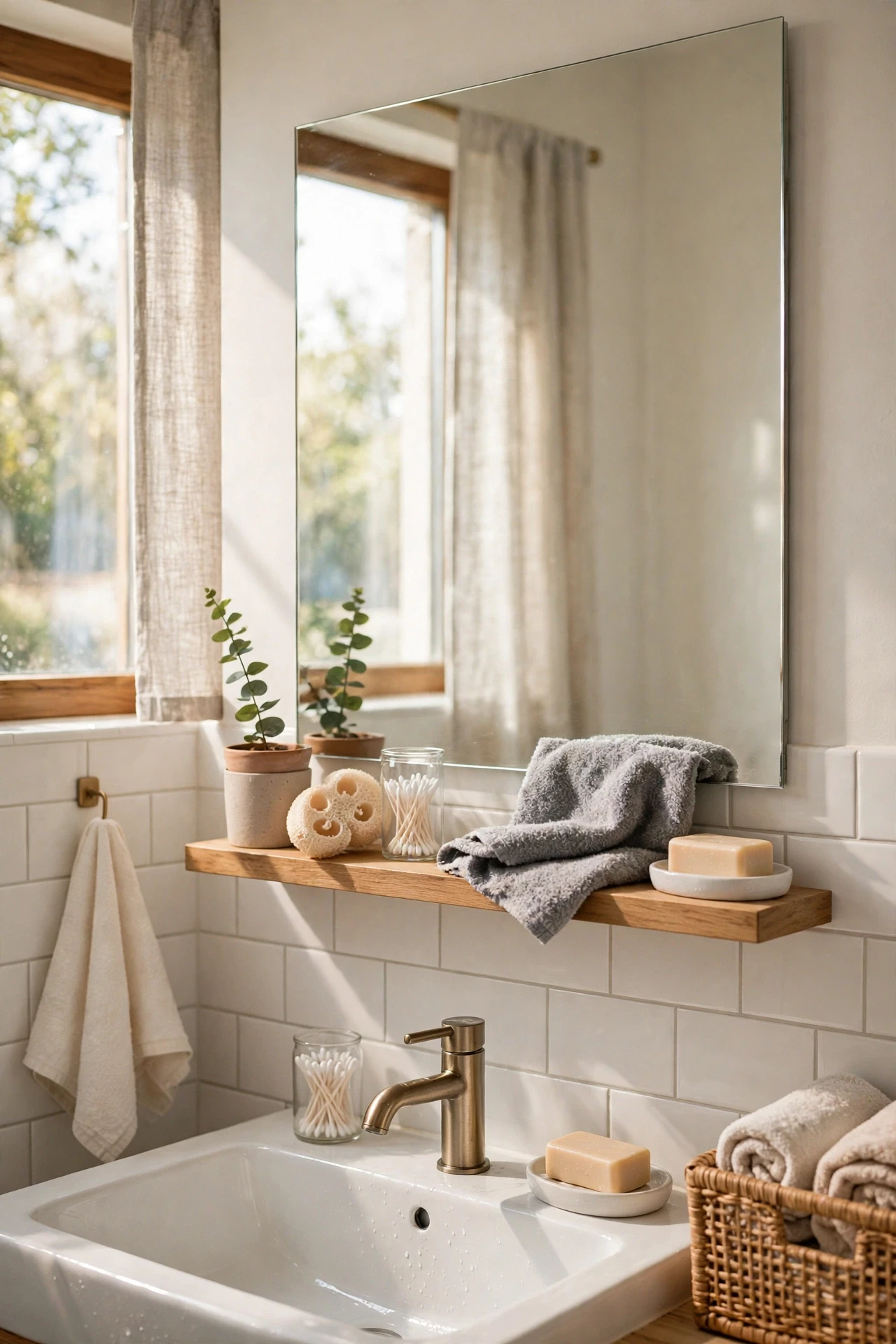 Spotlessly clean bathroom mirror wiped with a microfibre cloth