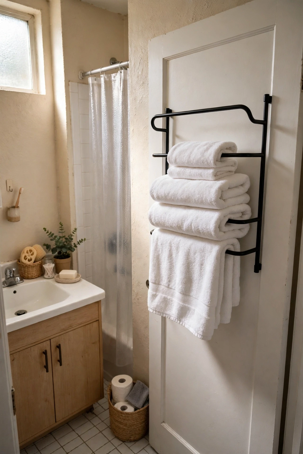 Over-the-door towel rack holding folded white towels in a rental bathroom