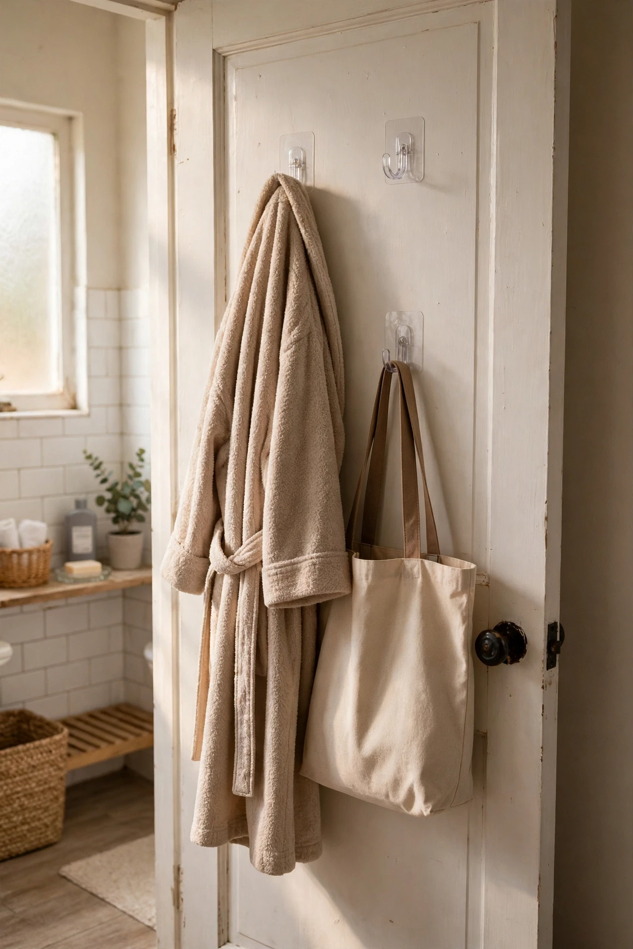 Removable adhesive hooks holding a robe and bag behind a bathroom door