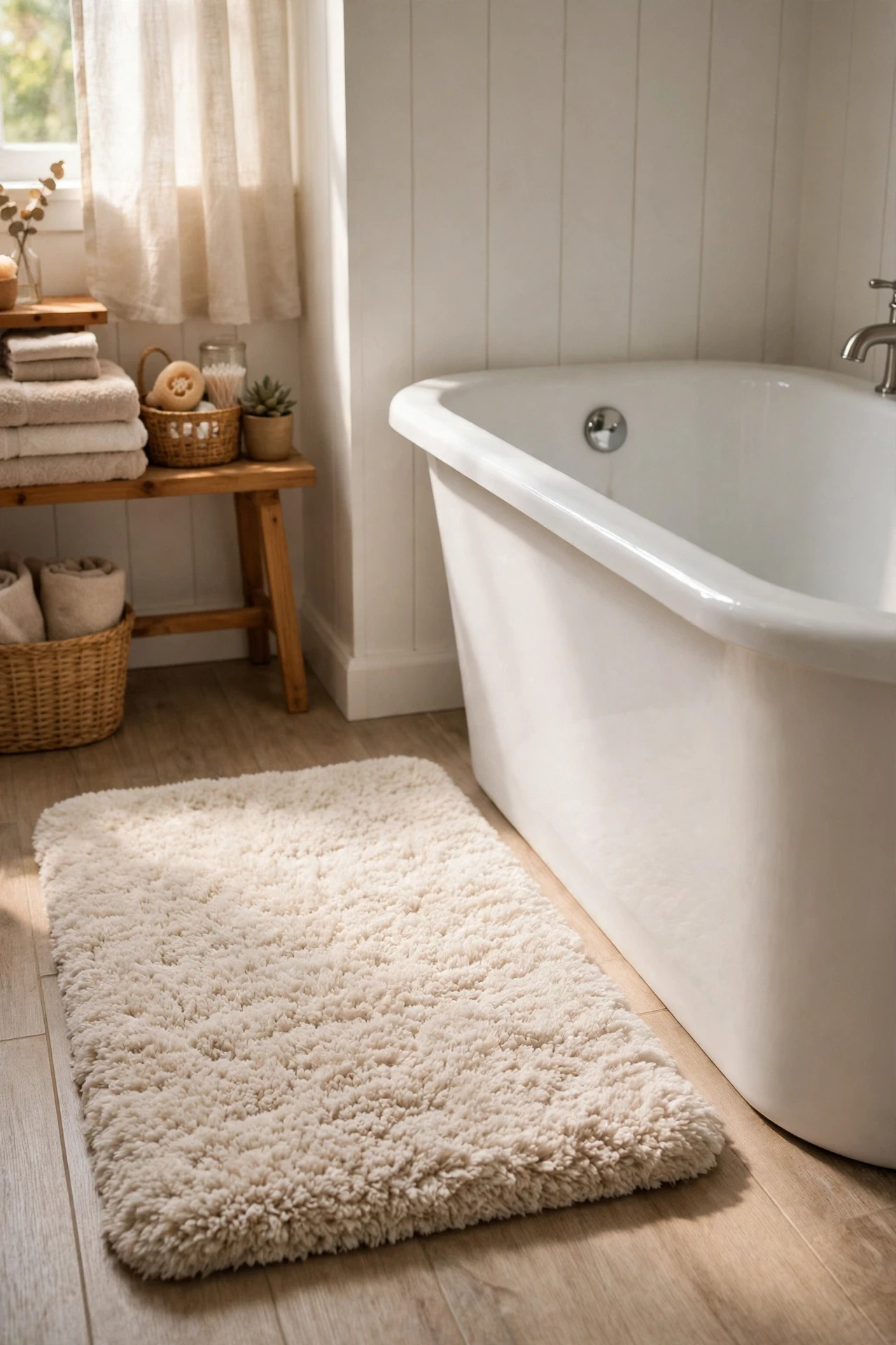 Thick plush washable bath mat on a bathroom floor beside a tub