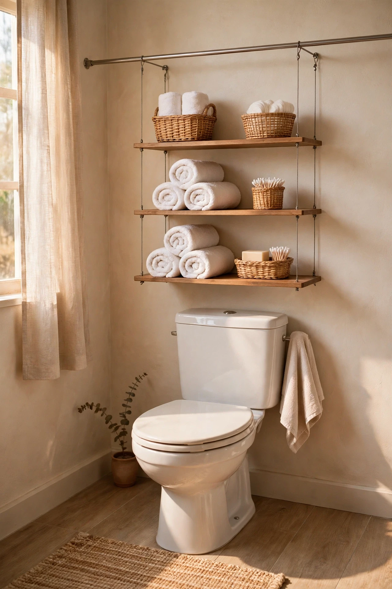Tension rod shelving over a toilet holding towels and baskets