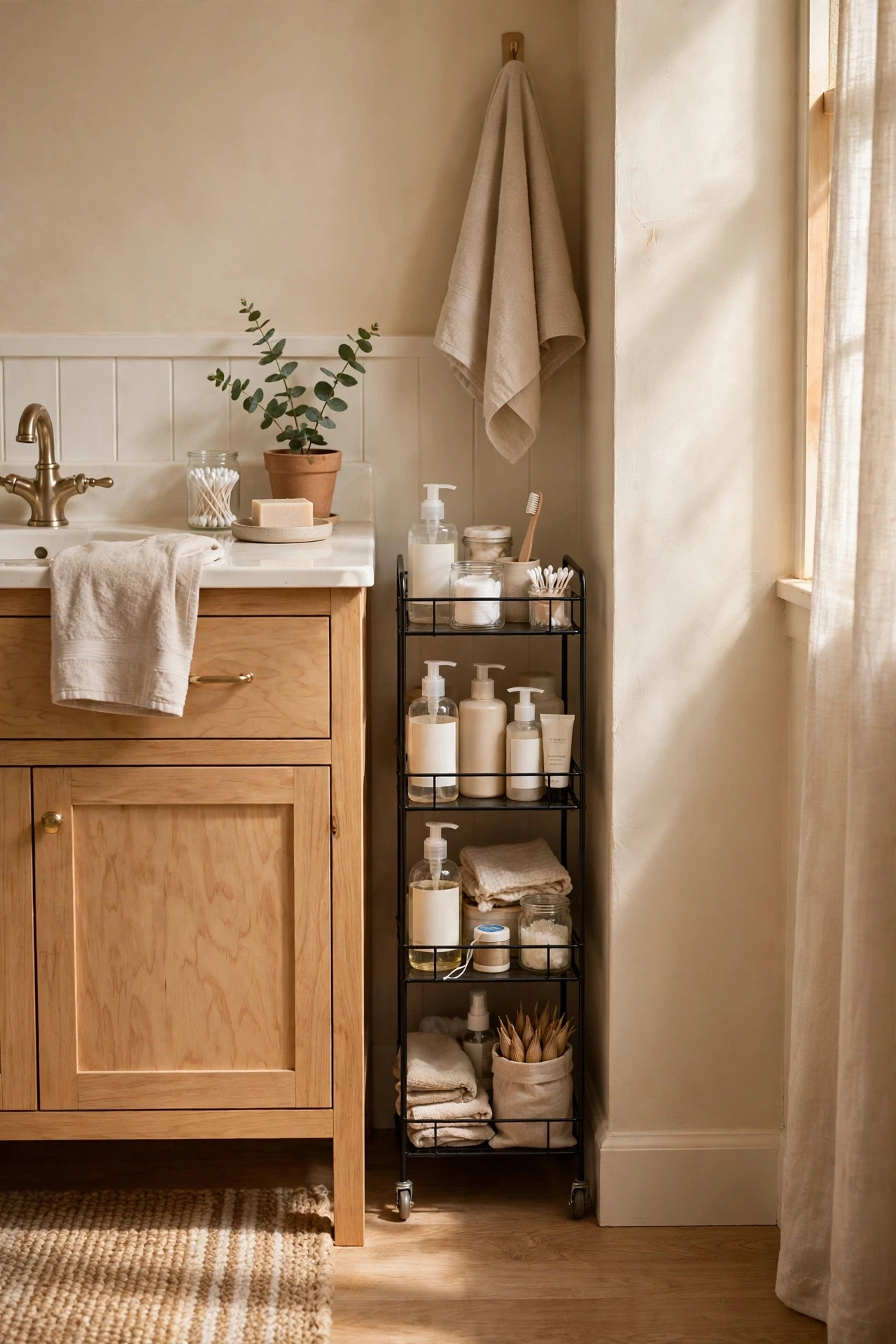 Slim rolling storage cart in the narrow gap beside a bathroom vanity