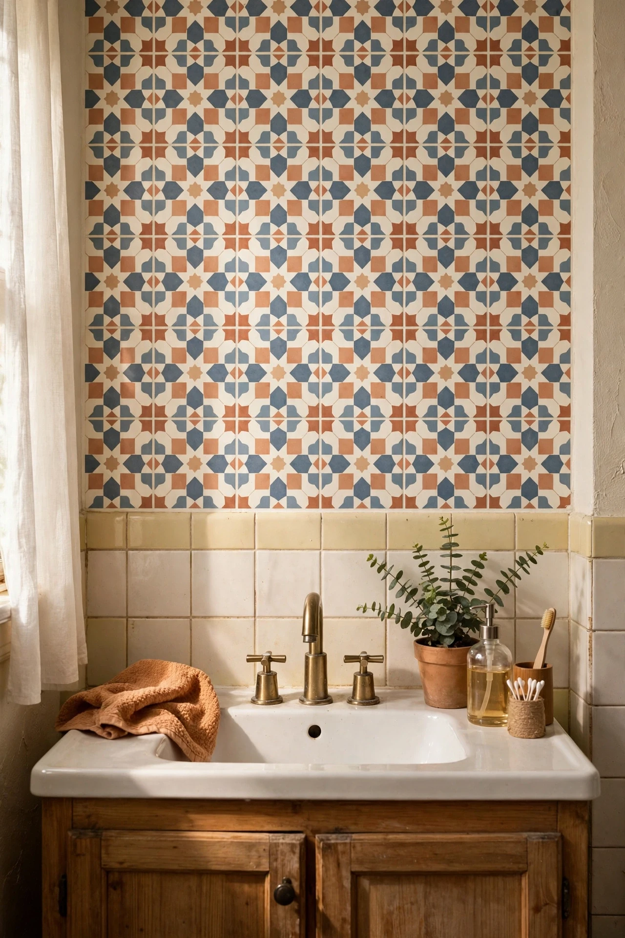 Peel-and-stick tile decals transforming dated bathroom wall tiles