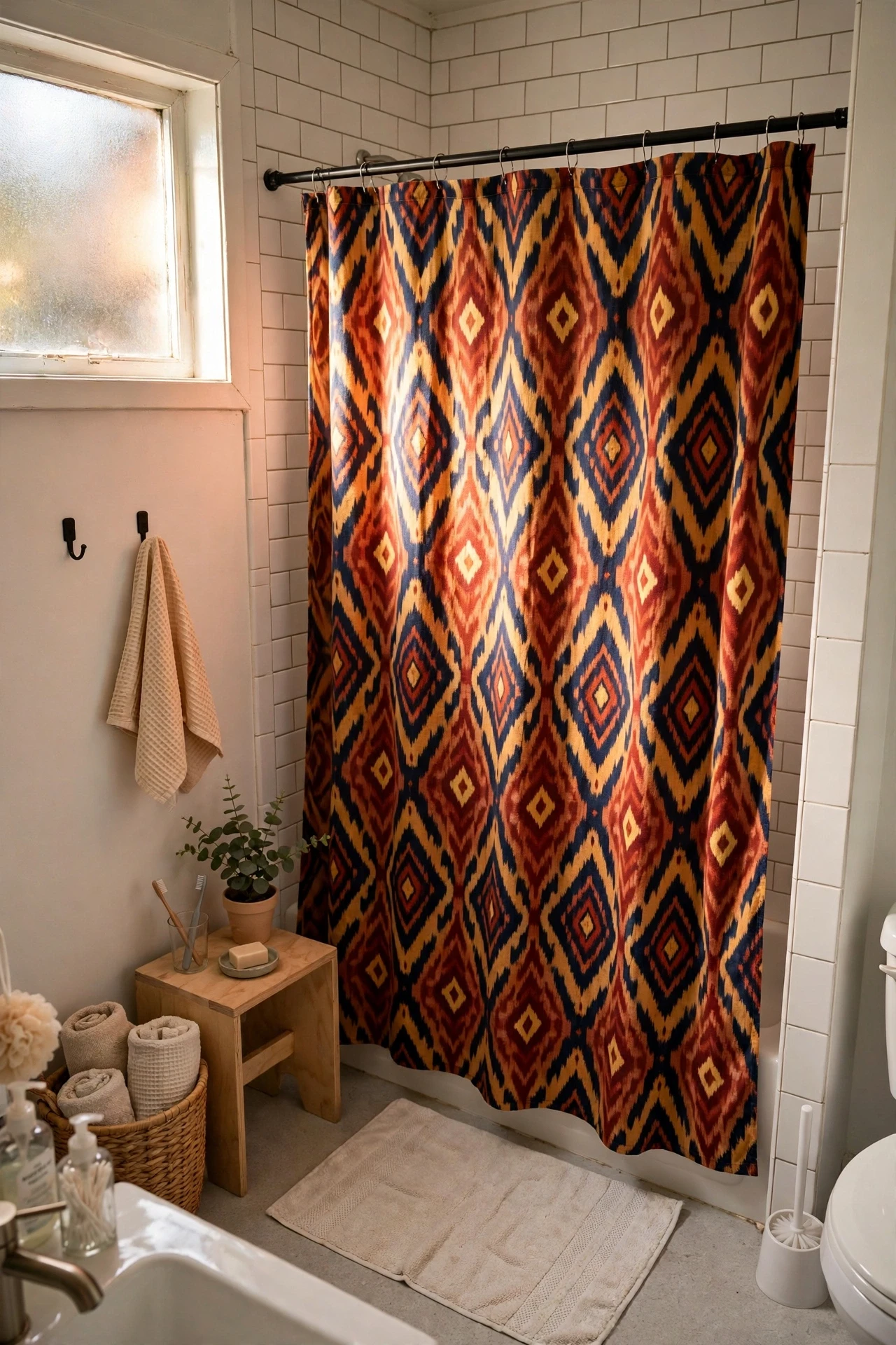 Bold patterned shower curtain hanging in a bright rental bathroom
