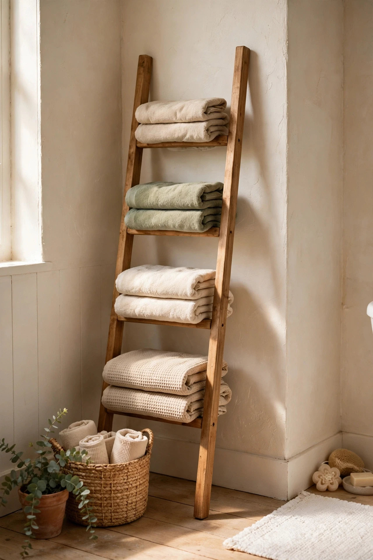 Wooden towel ladder leaning in a bathroom corner holding towels