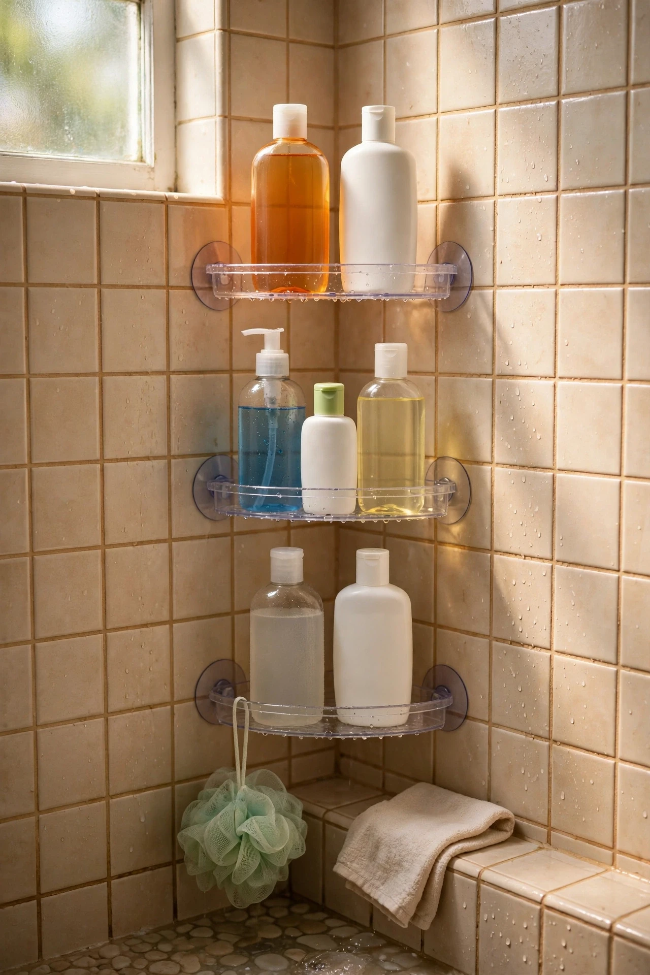 Suction-cup corner shelves holding shampoo bottles inside a shower