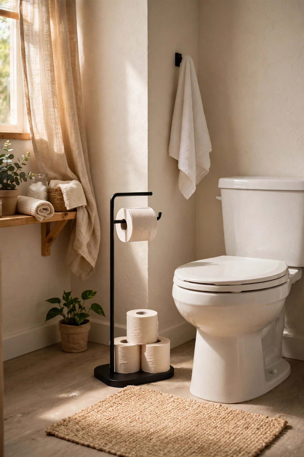 Freestanding black toilet paper stand beside a toilet