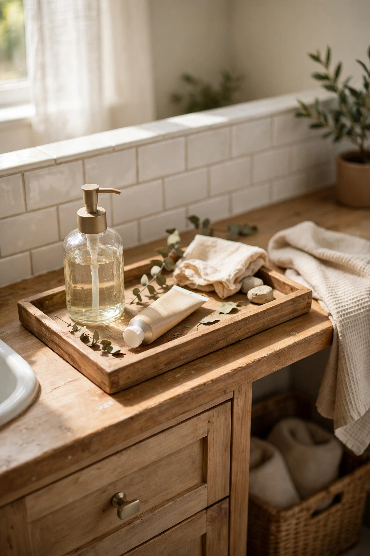 Wooden countertop tray holding soap dispenser and hand cream on a vanity