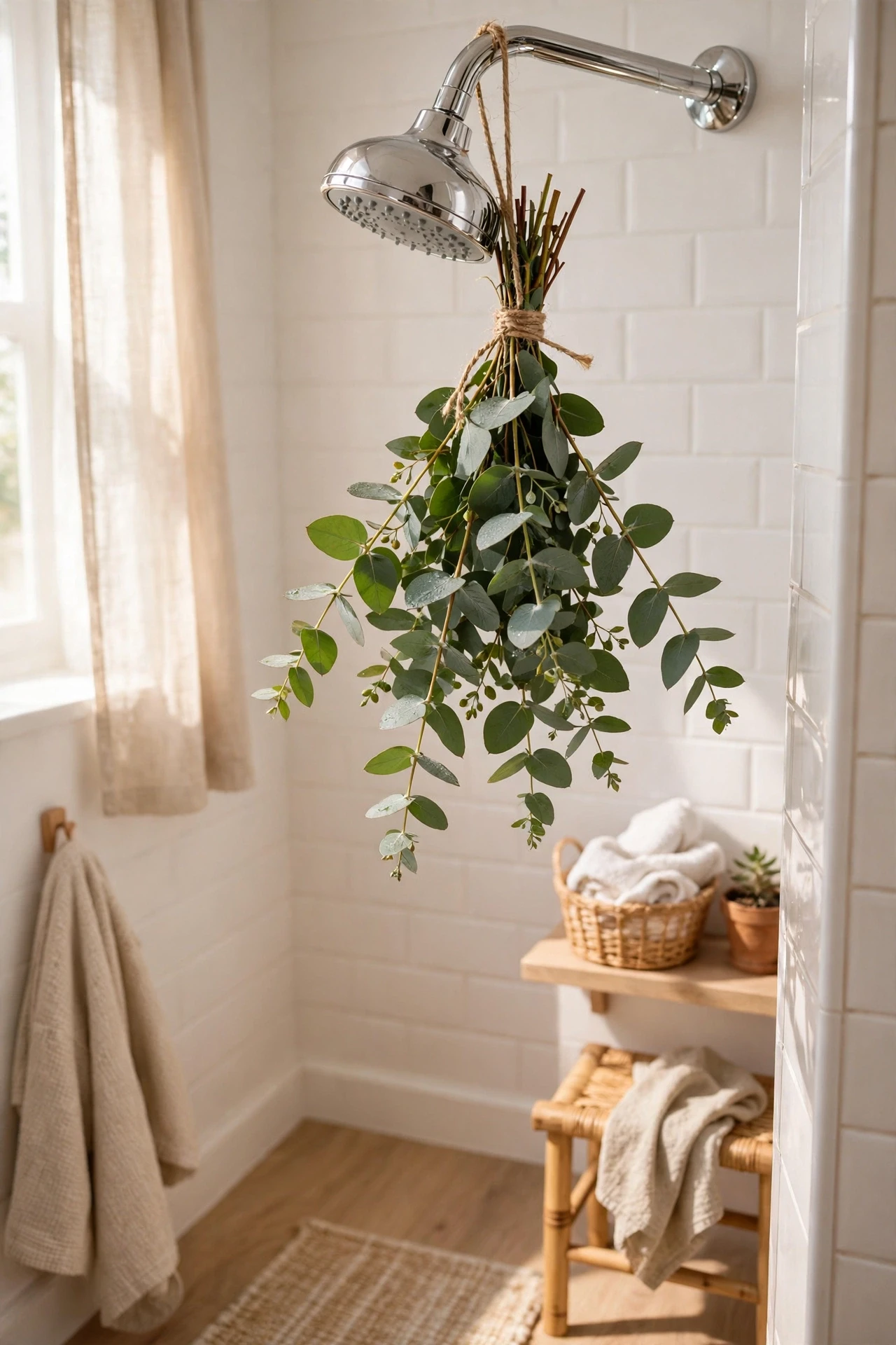 Fresh eucalyptus bundle tied to a showerhead in a steamy bathroom