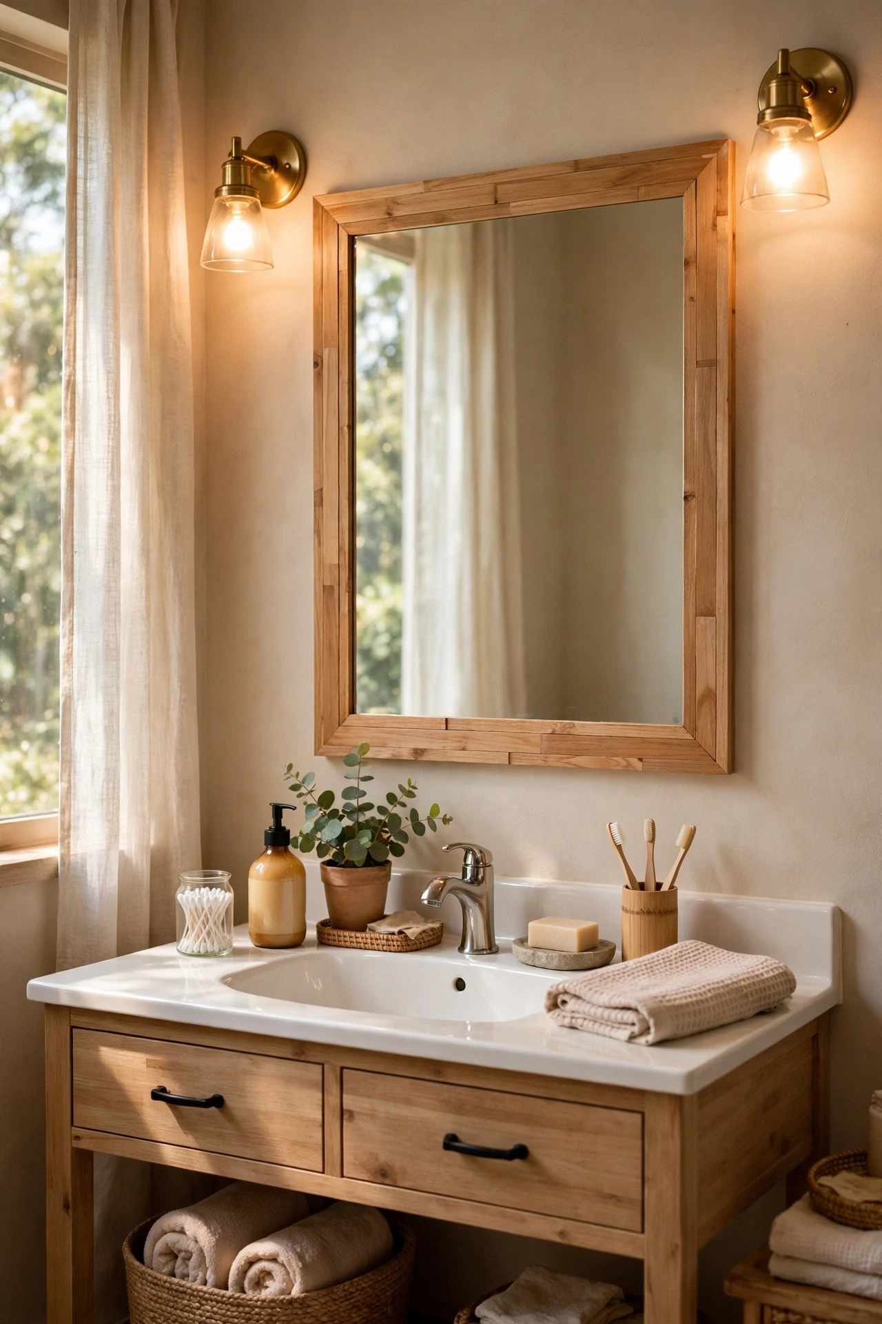 Bathroom mirror with adhesive wood trim frame above a vanity