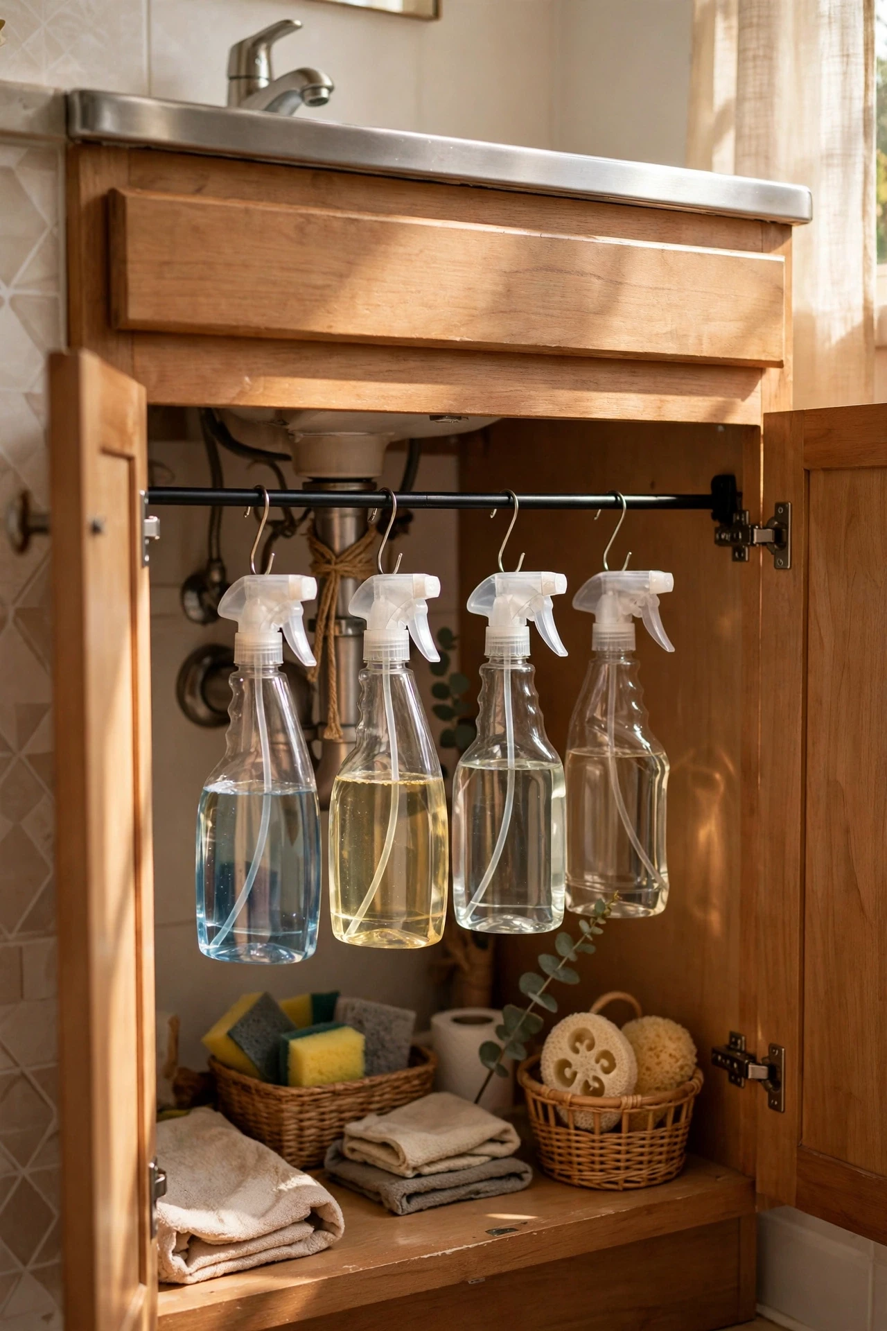 Tension rod under a bathroom sink holding hanging spray bottles