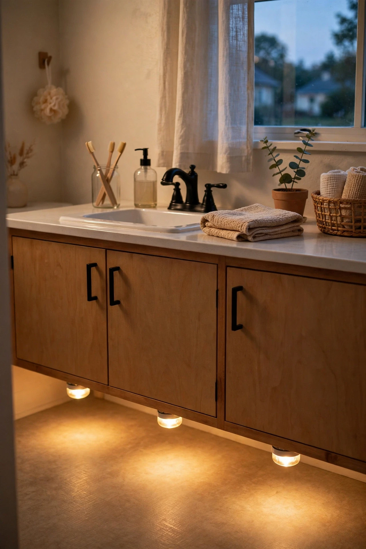 Warm battery puck lights glowing under a bathroom vanity cabinet