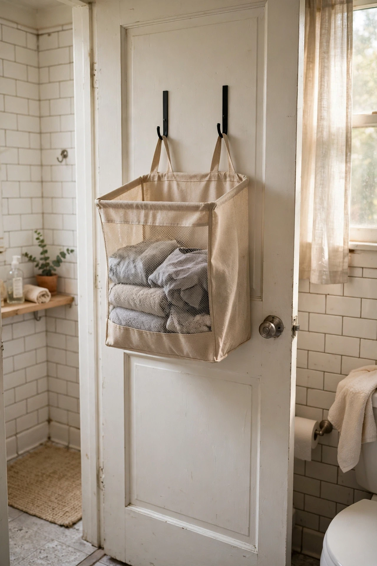 Fabric over-the-door laundry hamper hanging in a small bathroom