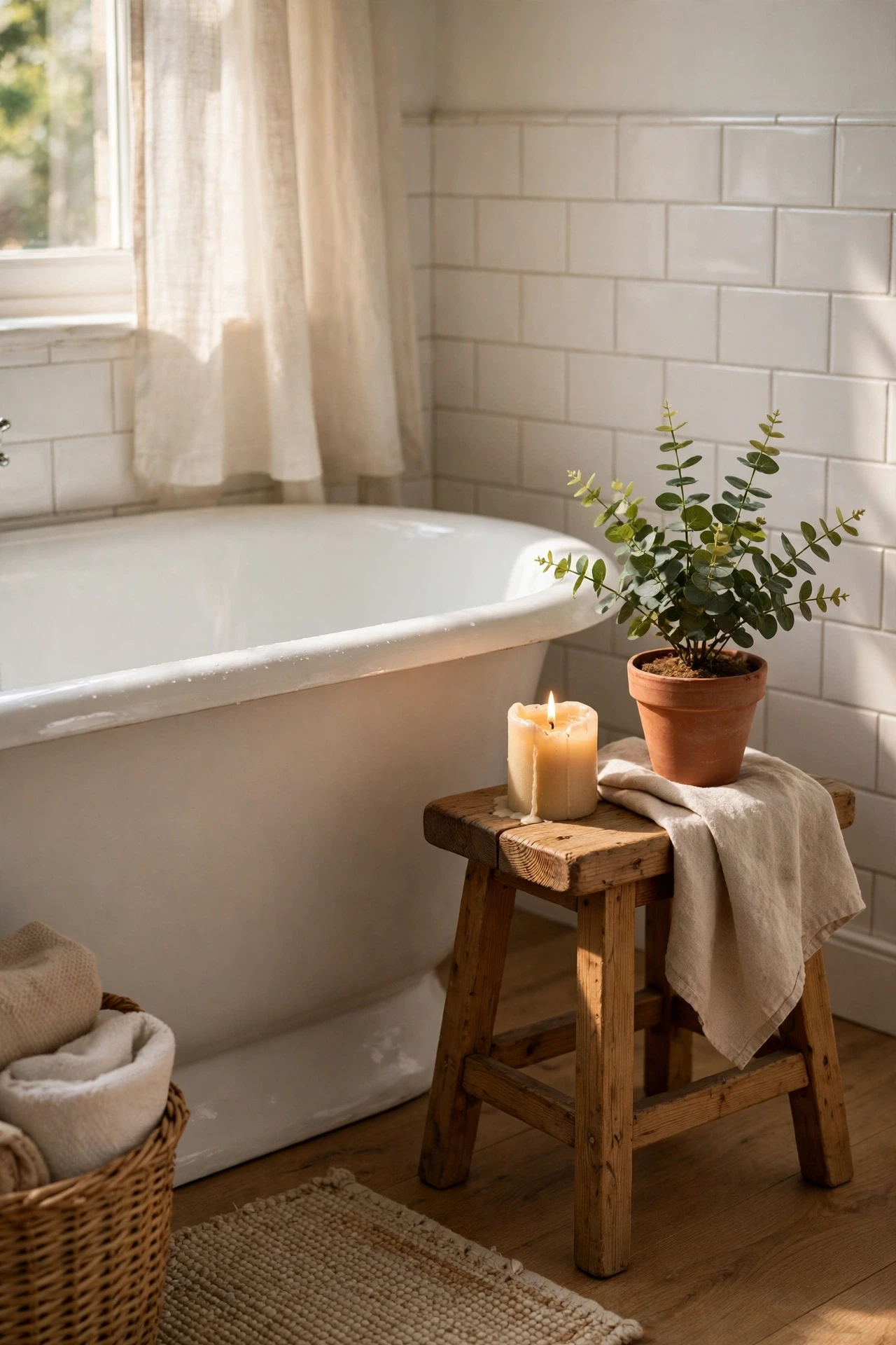 Small wooden stool beside a bathtub holding a candle and plant