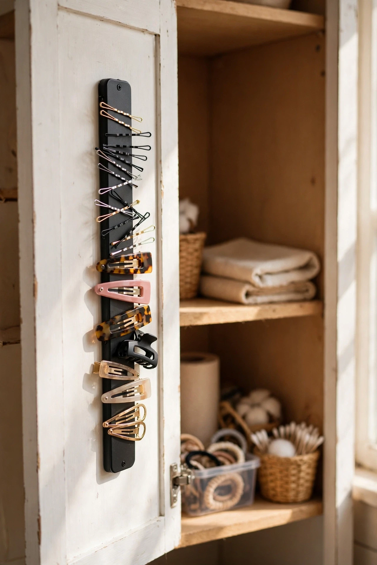 Magnetic strip inside a cabinet door holding bobby pins and clips