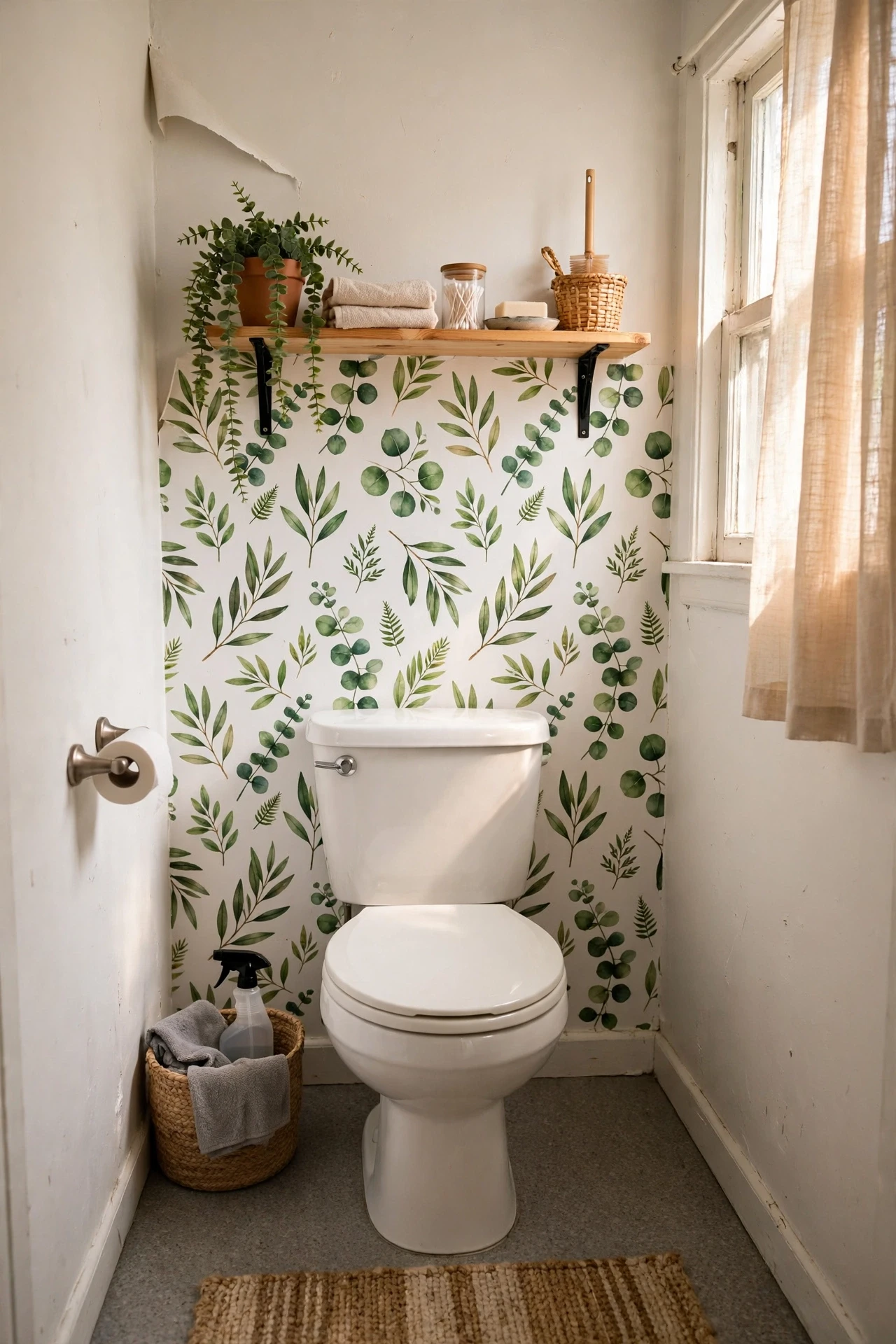 Peel-and-stick botanical wallpaper accent wall in a rental bathroom