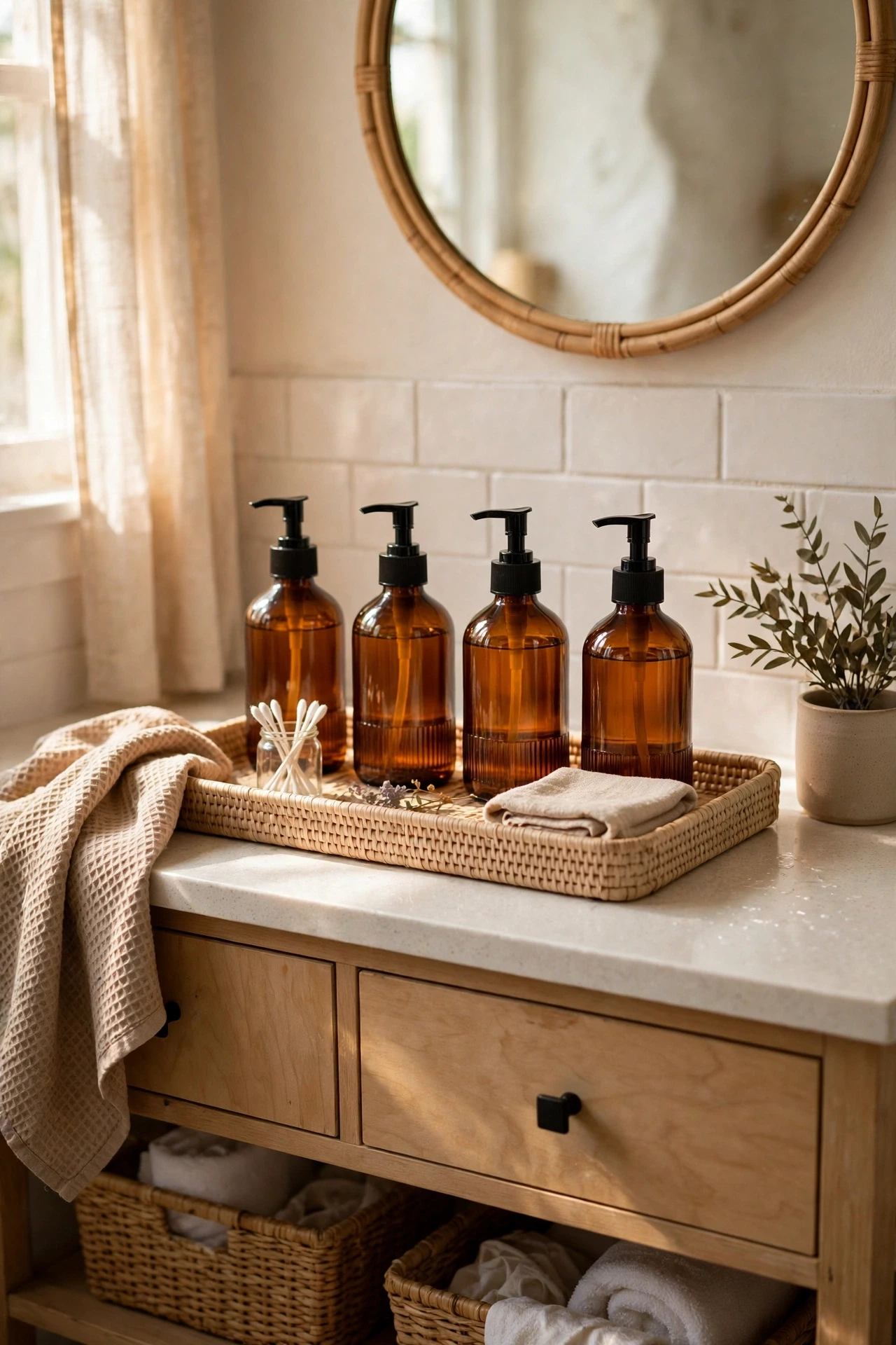 Matching amber pump dispensers lined up on a bathroom vanity tray