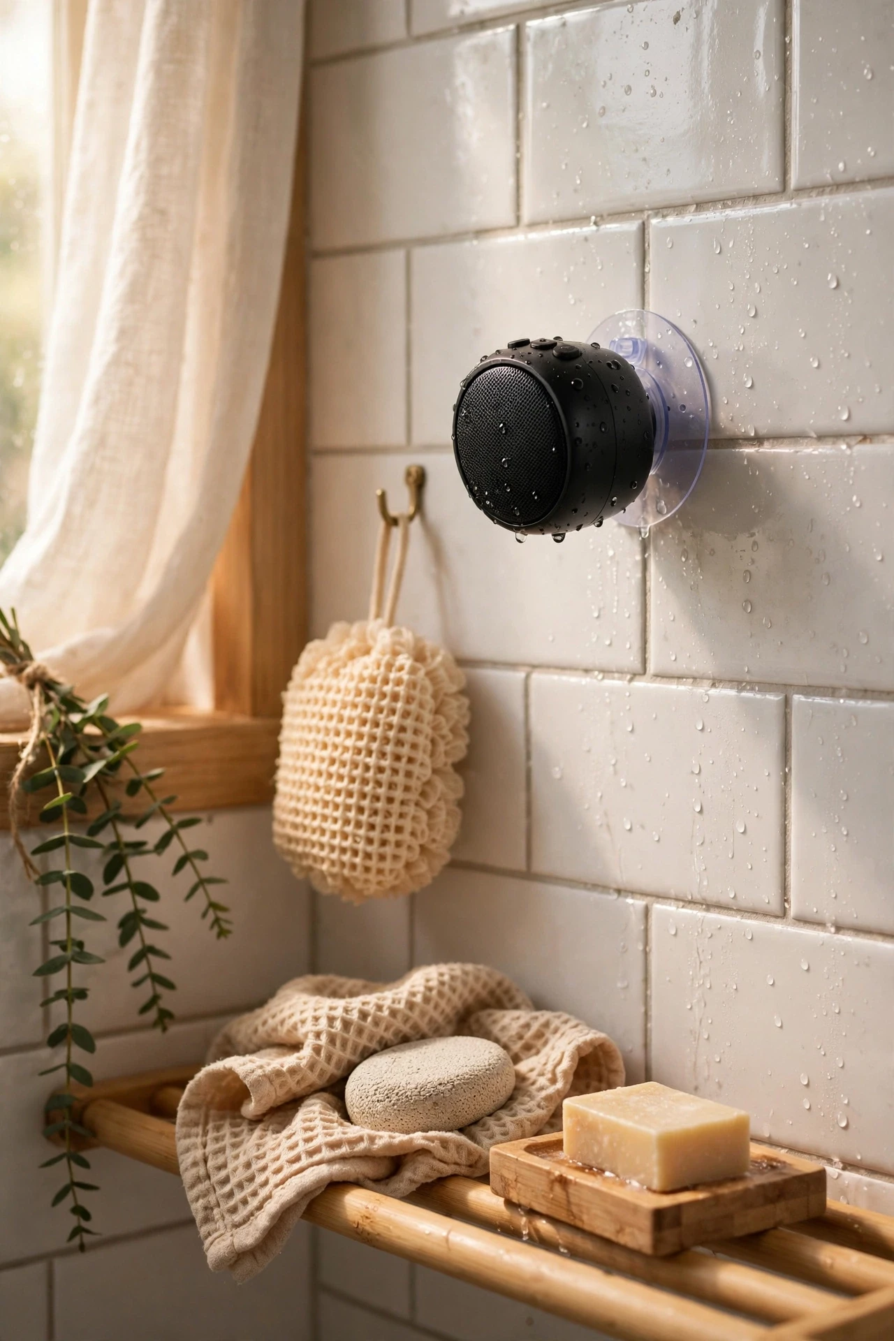 Small waterproof speaker on a suction mount on shower tiles