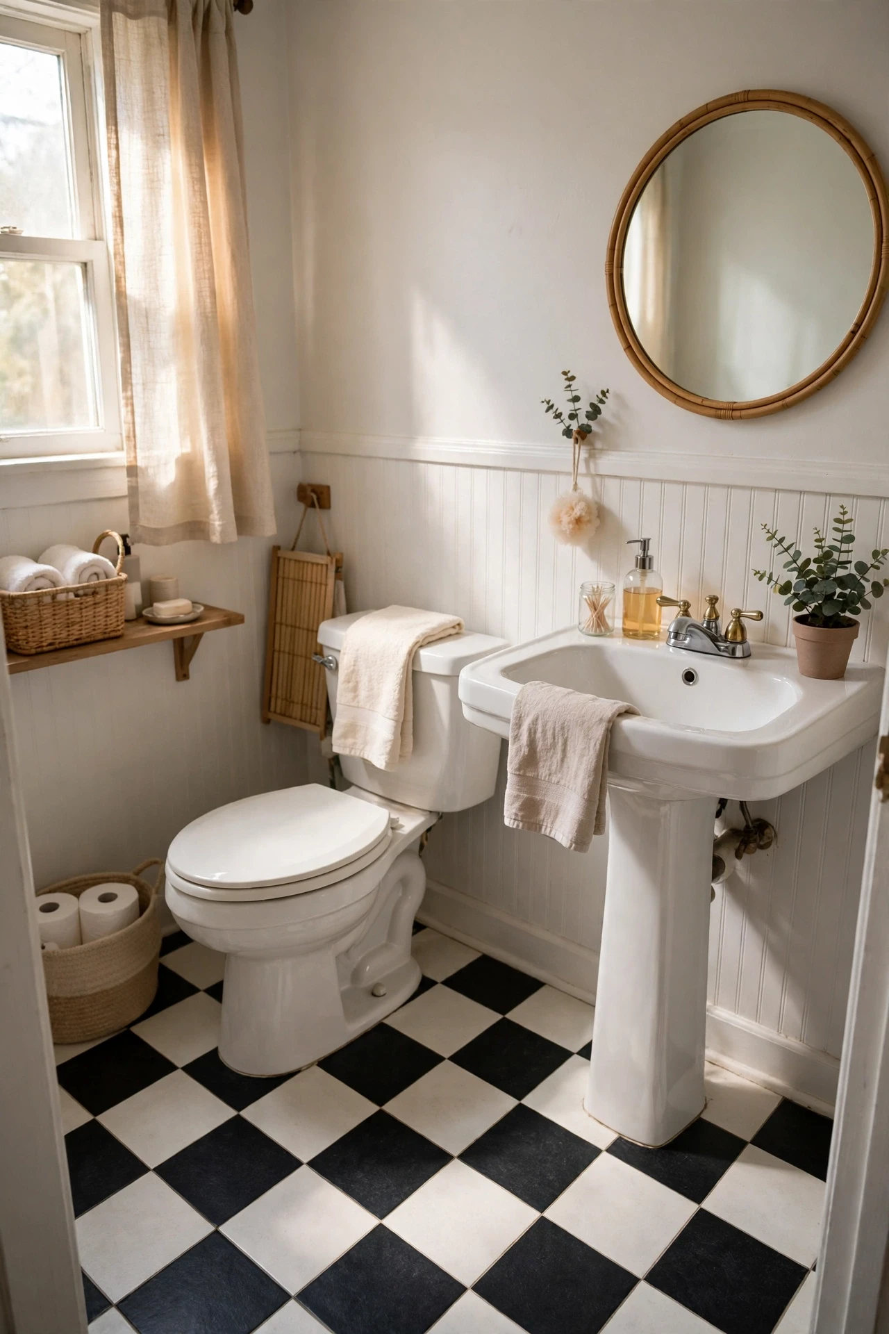 Peel-and-stick checkerboard floor tiles in a small rental bathroom