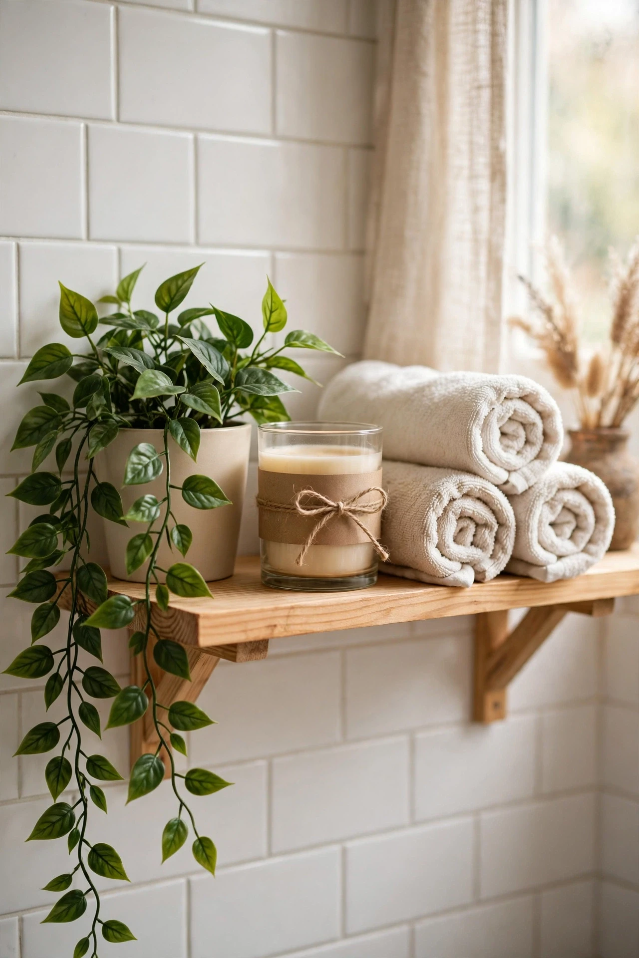 Faux trailing plant and scented candle styled on a bathroom shelf