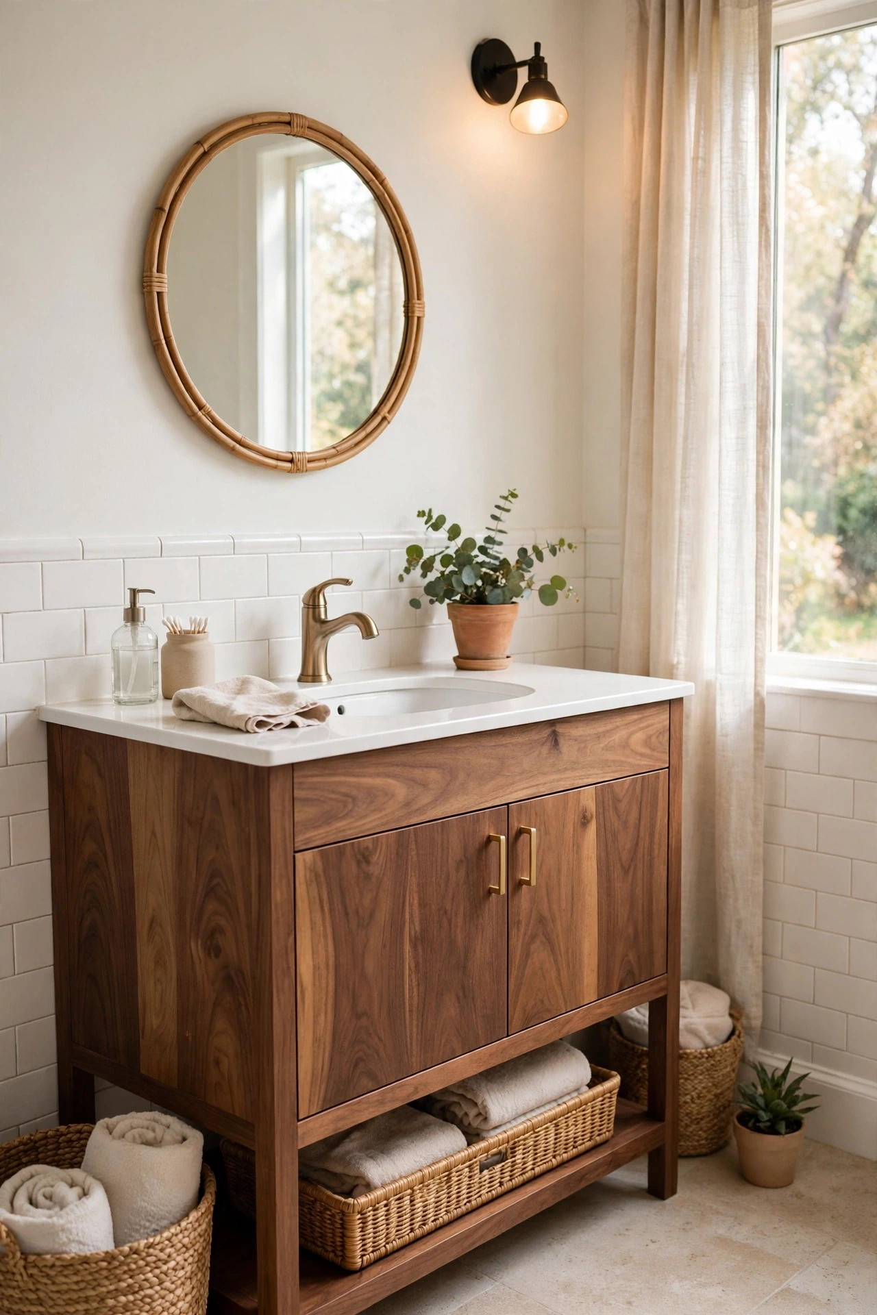 Walnut wood vanity in a warm white modern bathroom