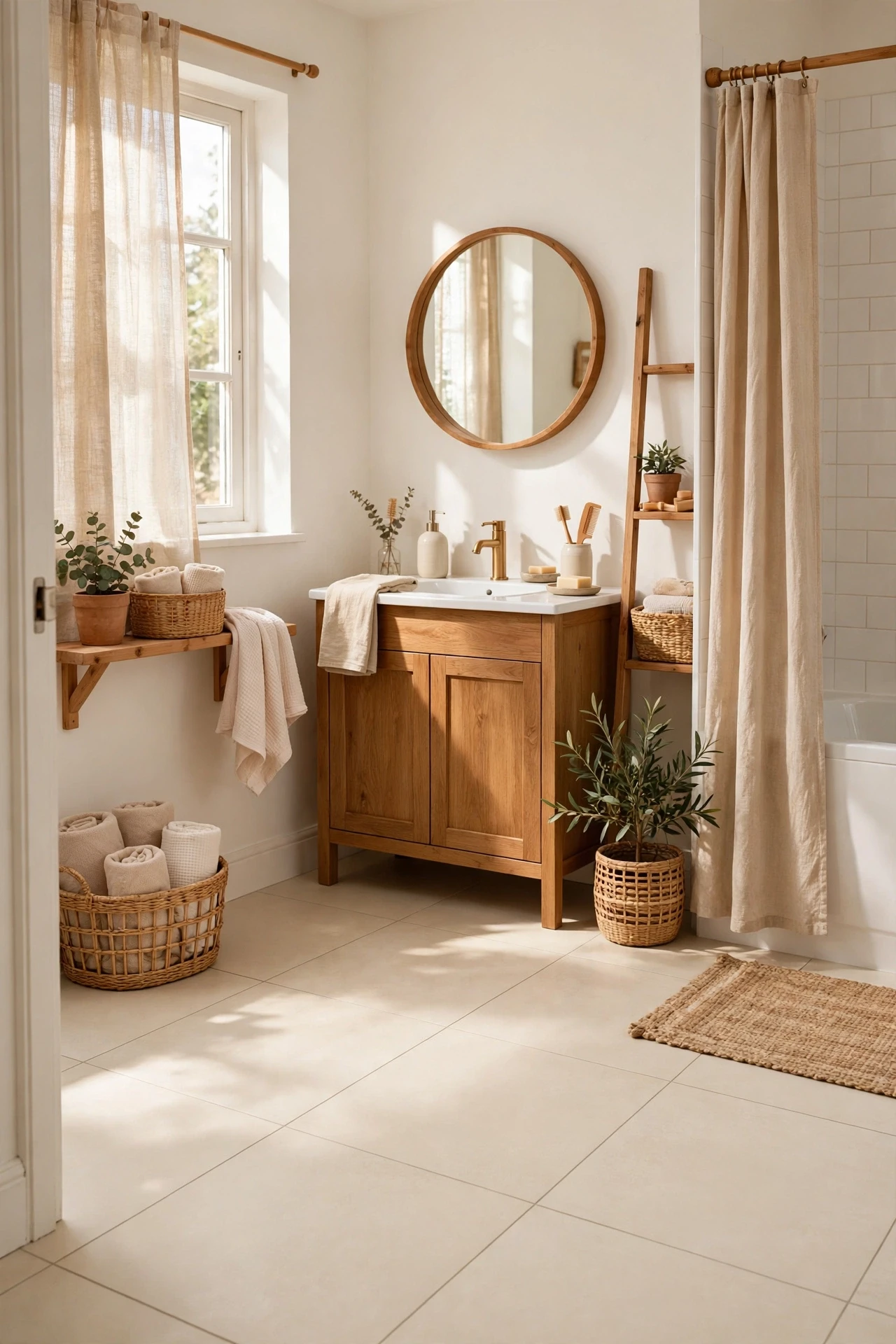 Large-format cream floor tiles in a bright warm white bathroom