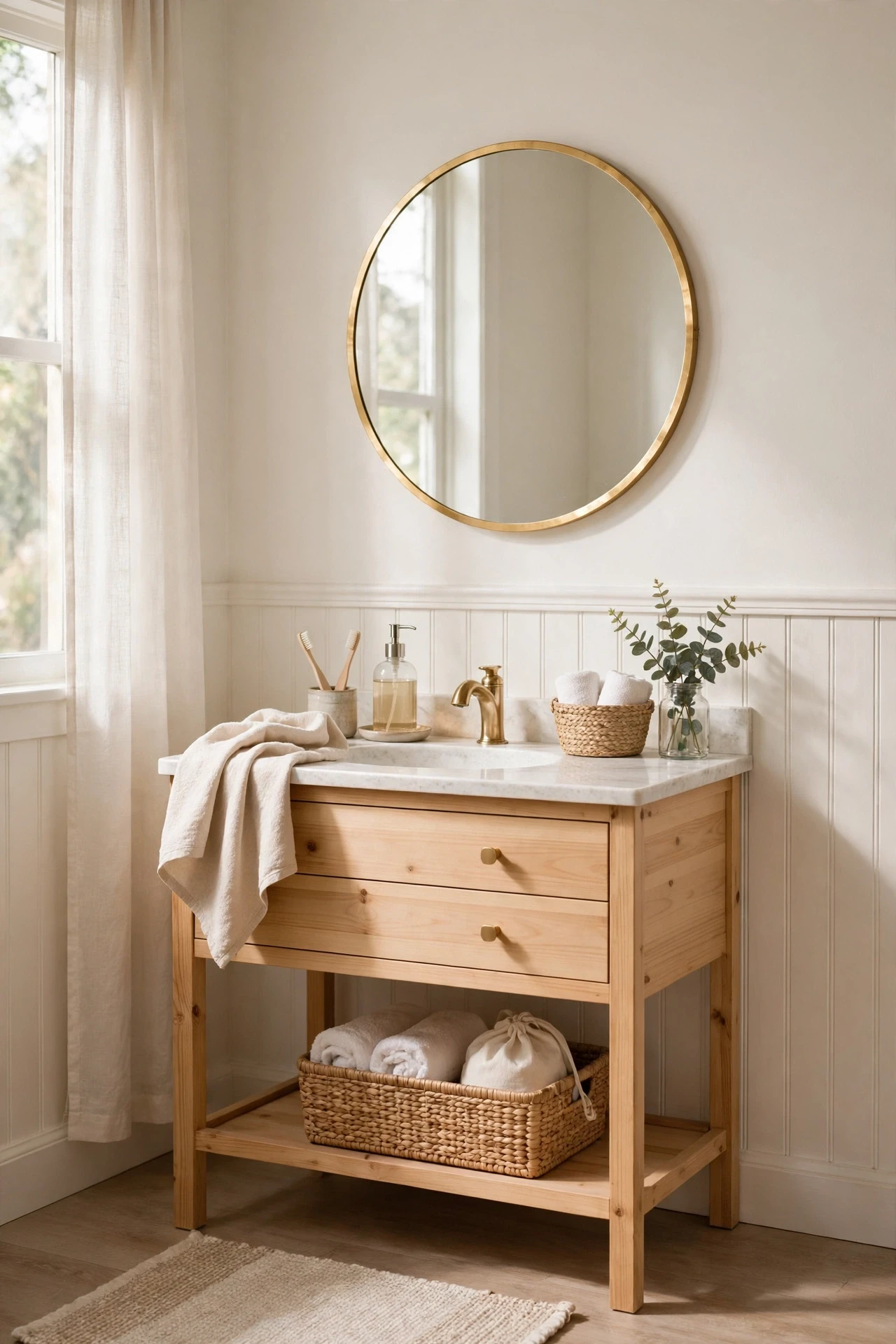 Round mirror with thin gold frame above a bathroom vanity