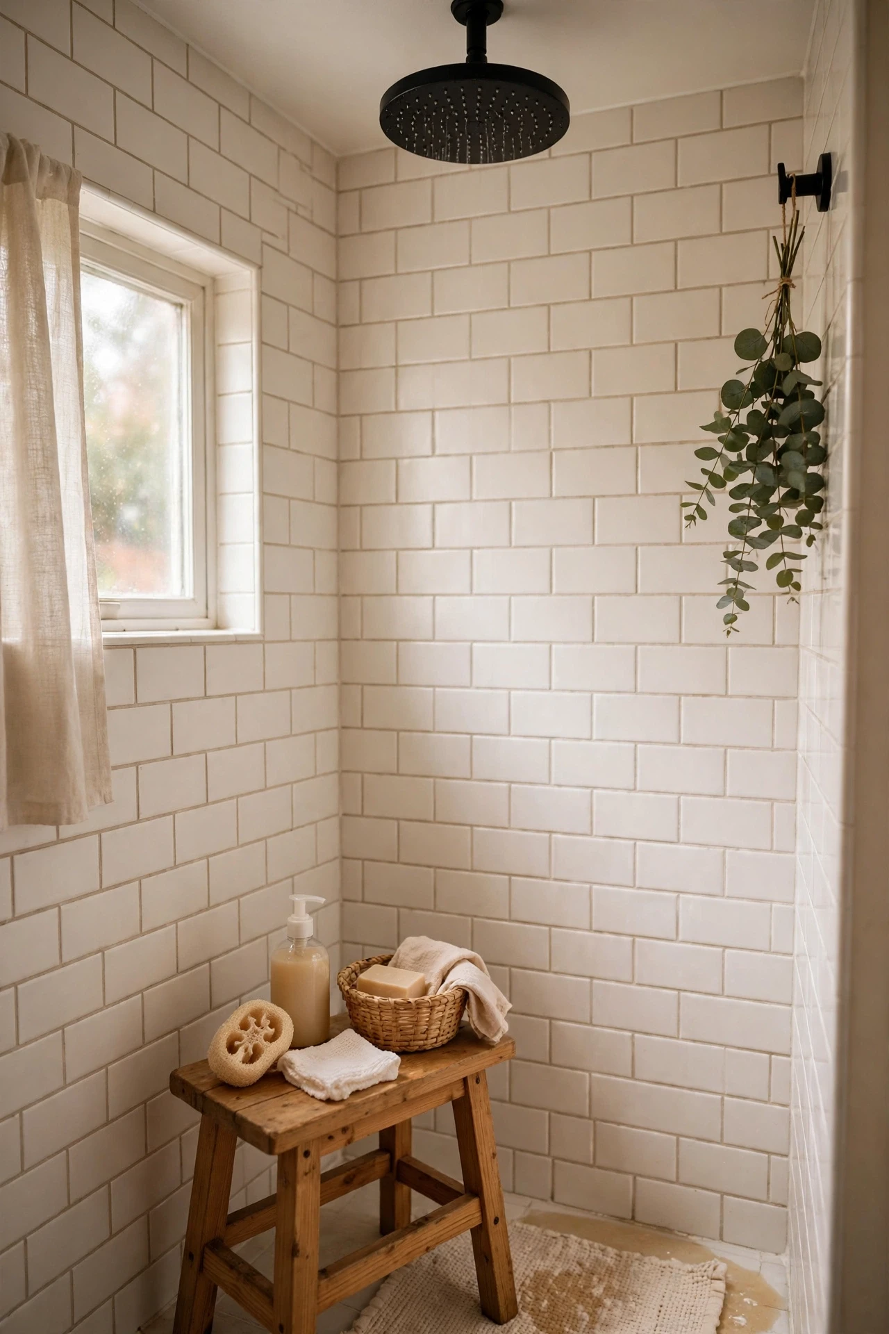Matte black rainfall showerhead in a warm white tiled shower