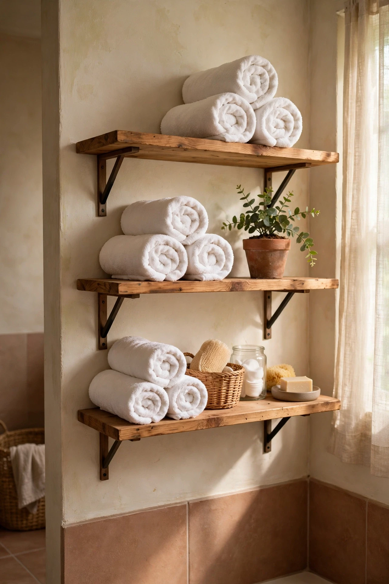 Open bathroom shelves styled with rolled white towels and a plant