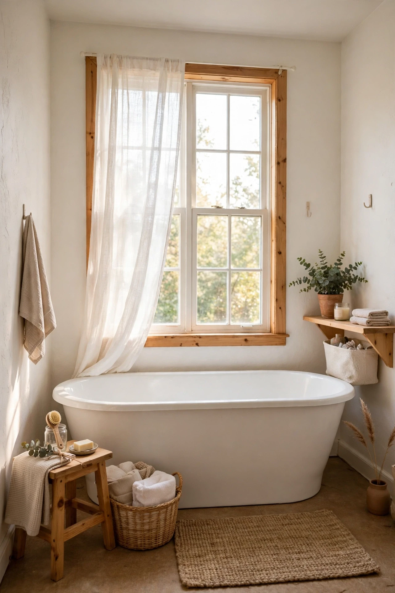Freestanding oval bathtub in a warm white bathroom under a window