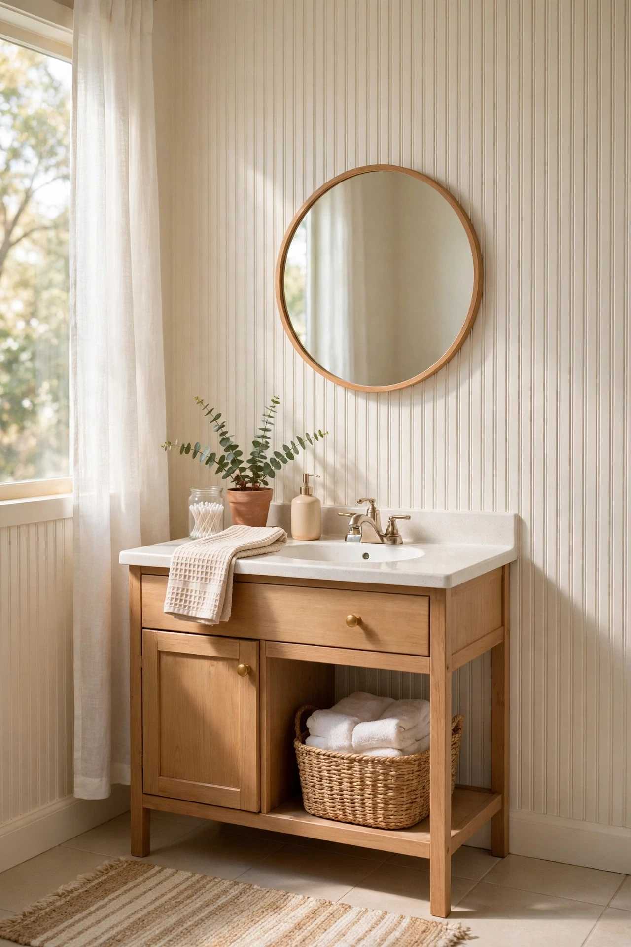 Fluted wood panel wall behind a bathroom vanity in warm white