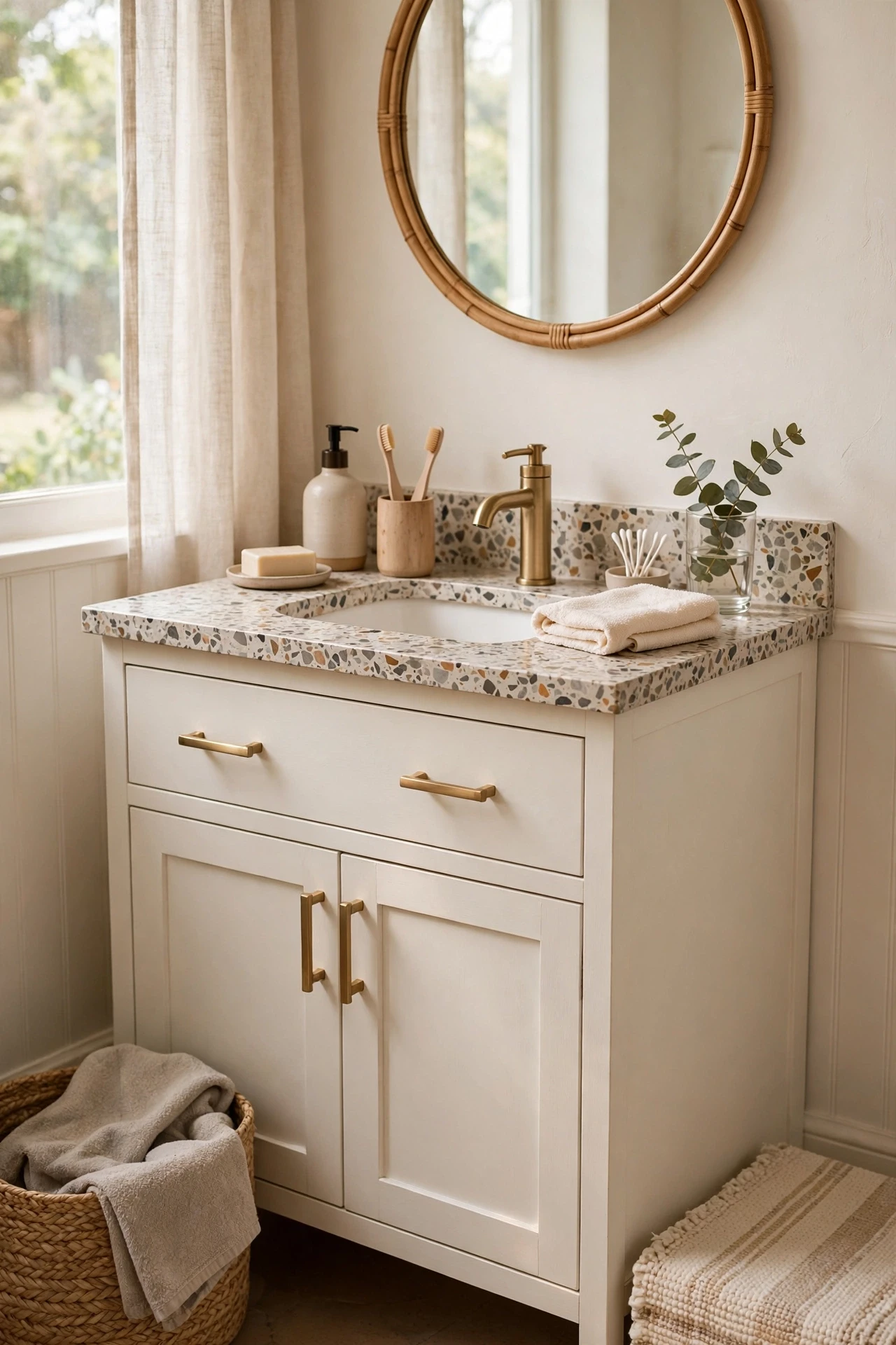 Terrazzo countertop with speckled stone in a warm white bathroom