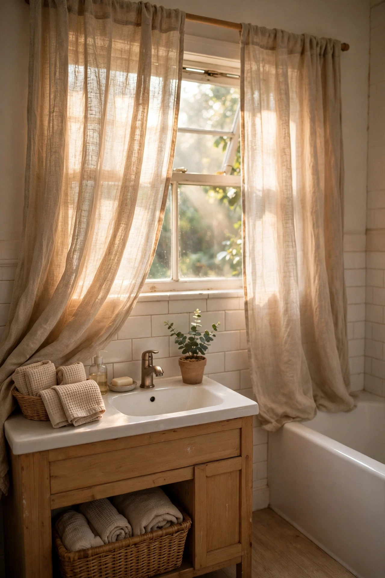 Soft linen curtains on a bathroom window filtering morning light