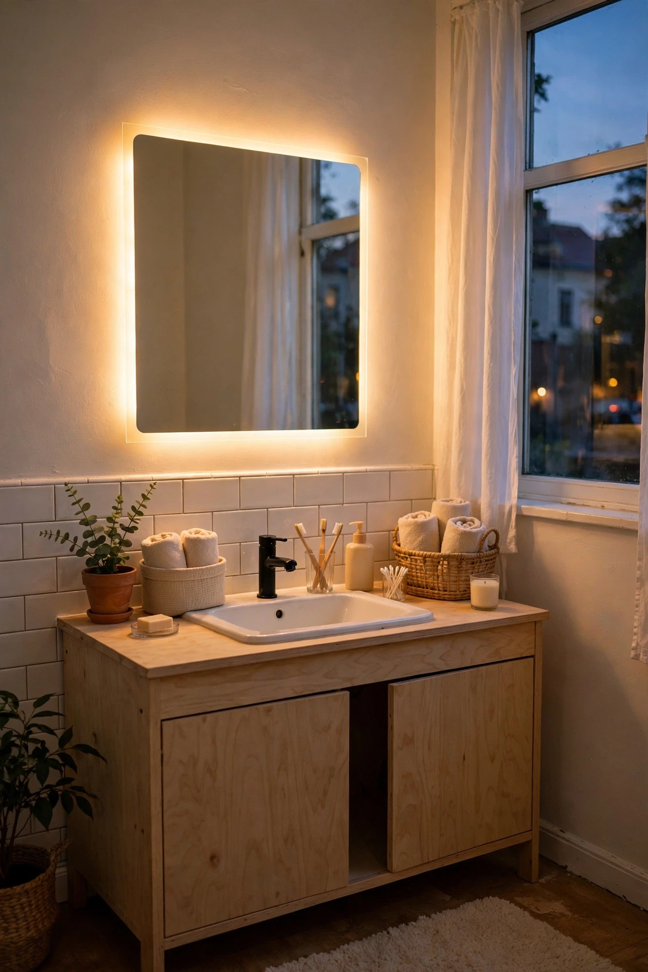 Backlit bathroom mirror glowing warmly in the evening