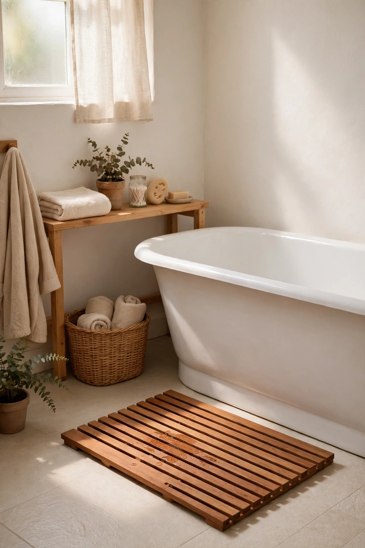 Teak slatted bath mat beside a bathtub in a warm white bathroom