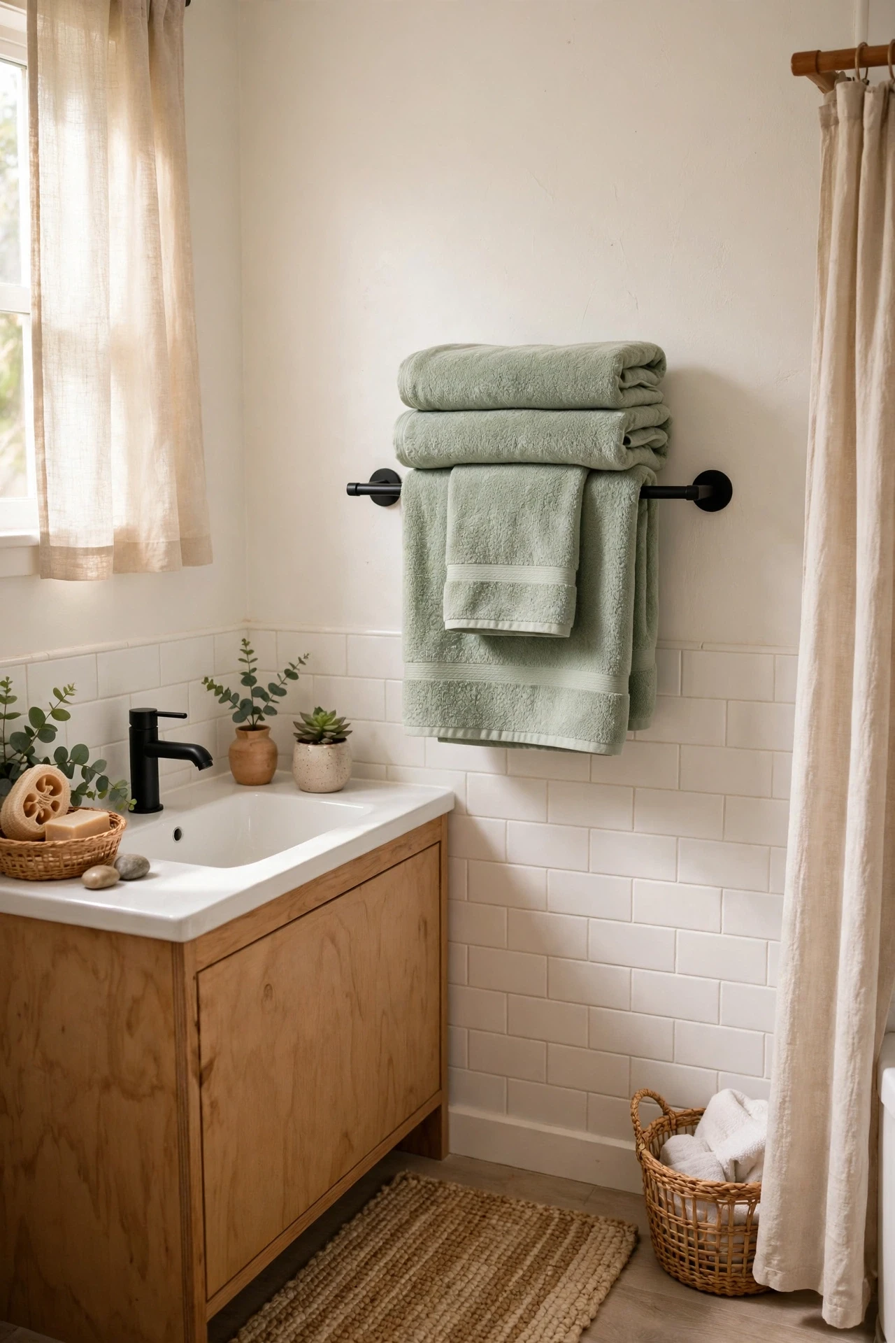Soft sage green towels folded on a rail in a warm white bathroom