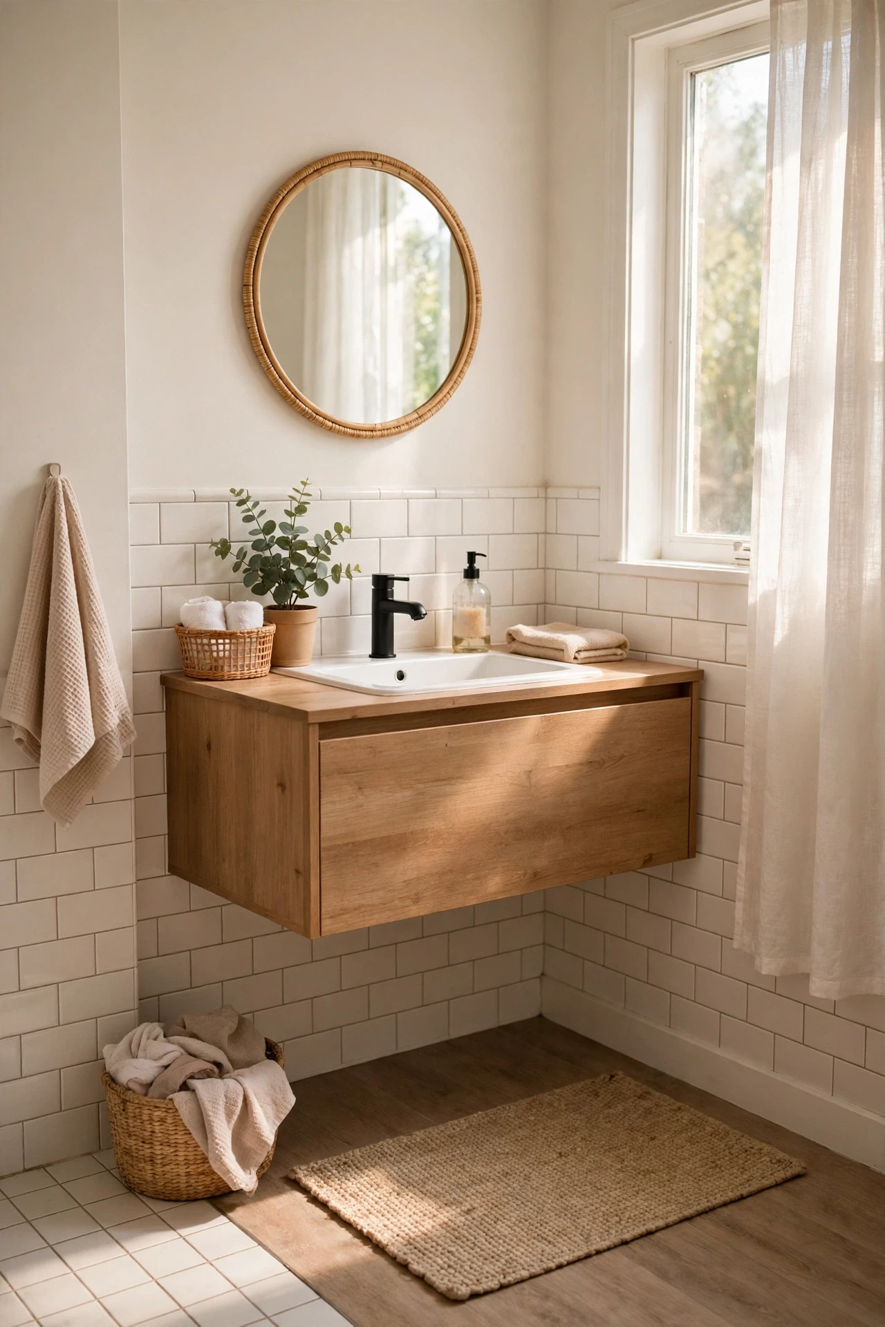 Floating vanity with open floor space in a modern warm white bathroom