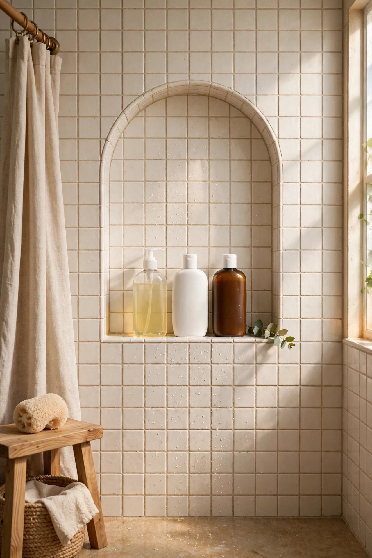 Arched shower niche tiled in warm white holding shampoo bottles