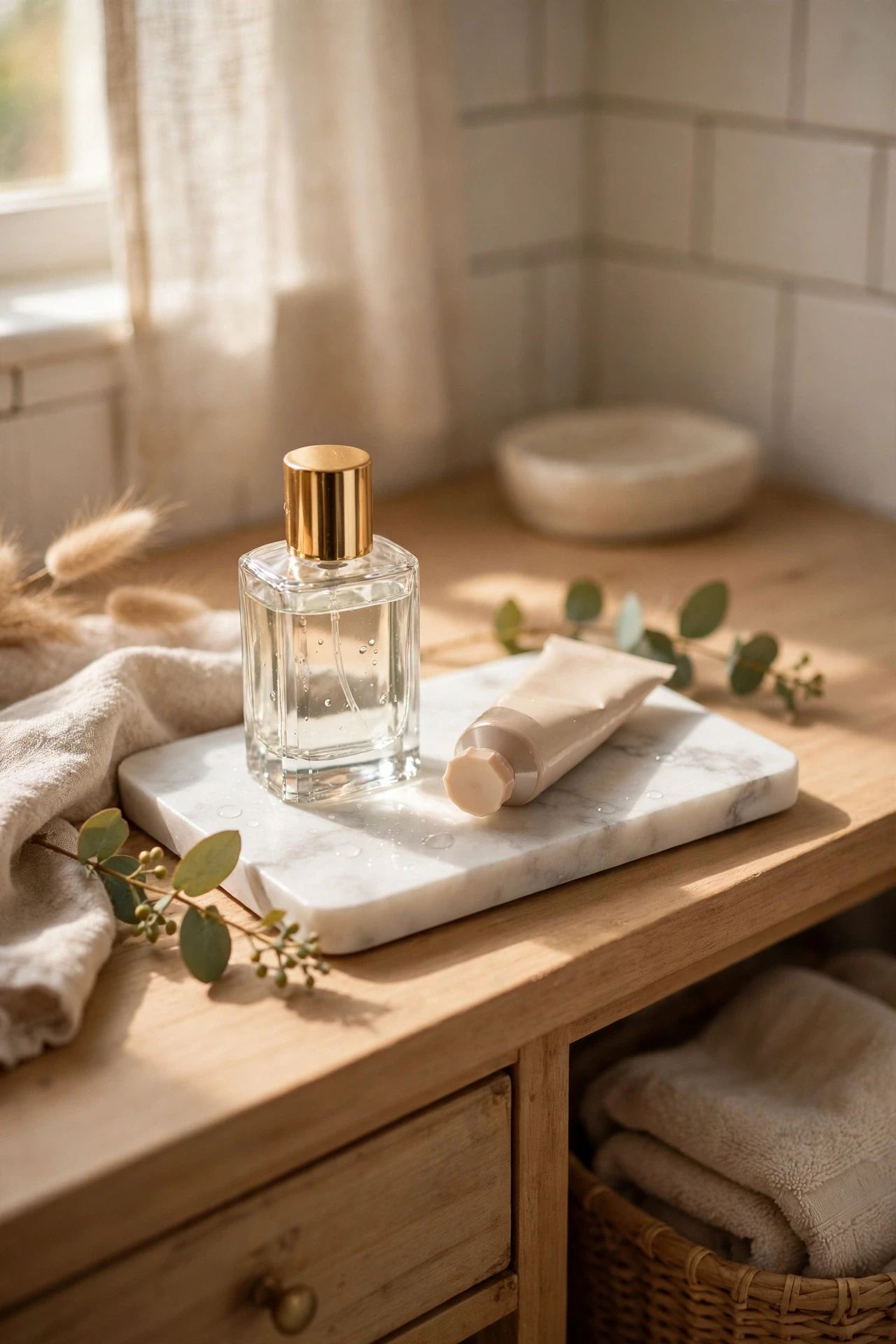 White marble tray holding perfume and hand cream on a vanity