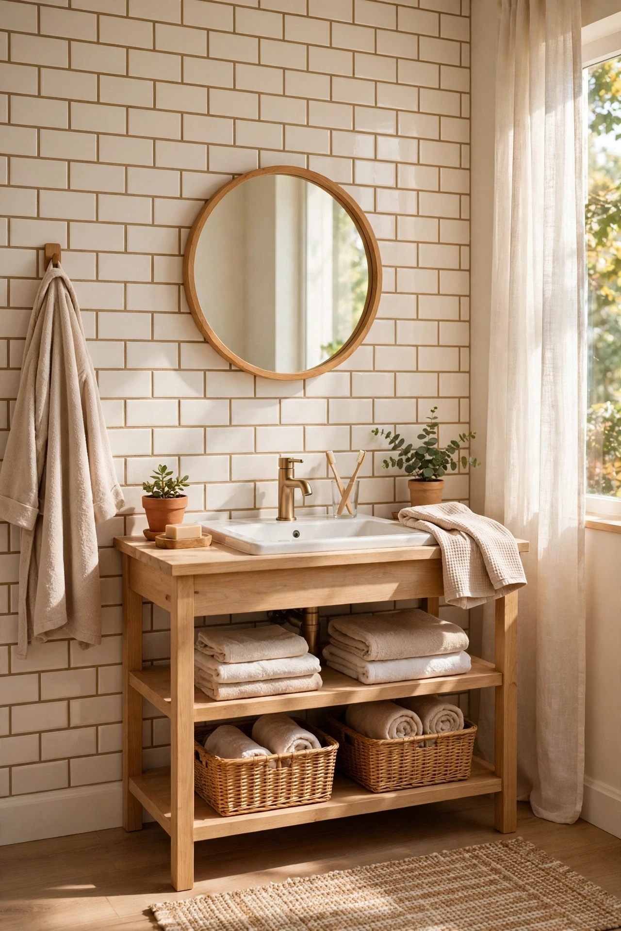Warm white subway tiles with warm beige grout in a bathroom