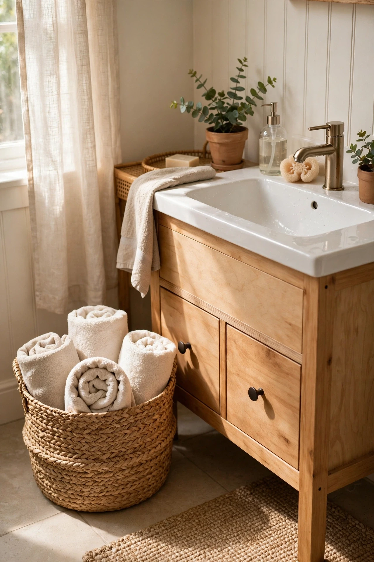 Woven seagrass basket holding rolled towels beside a vanity