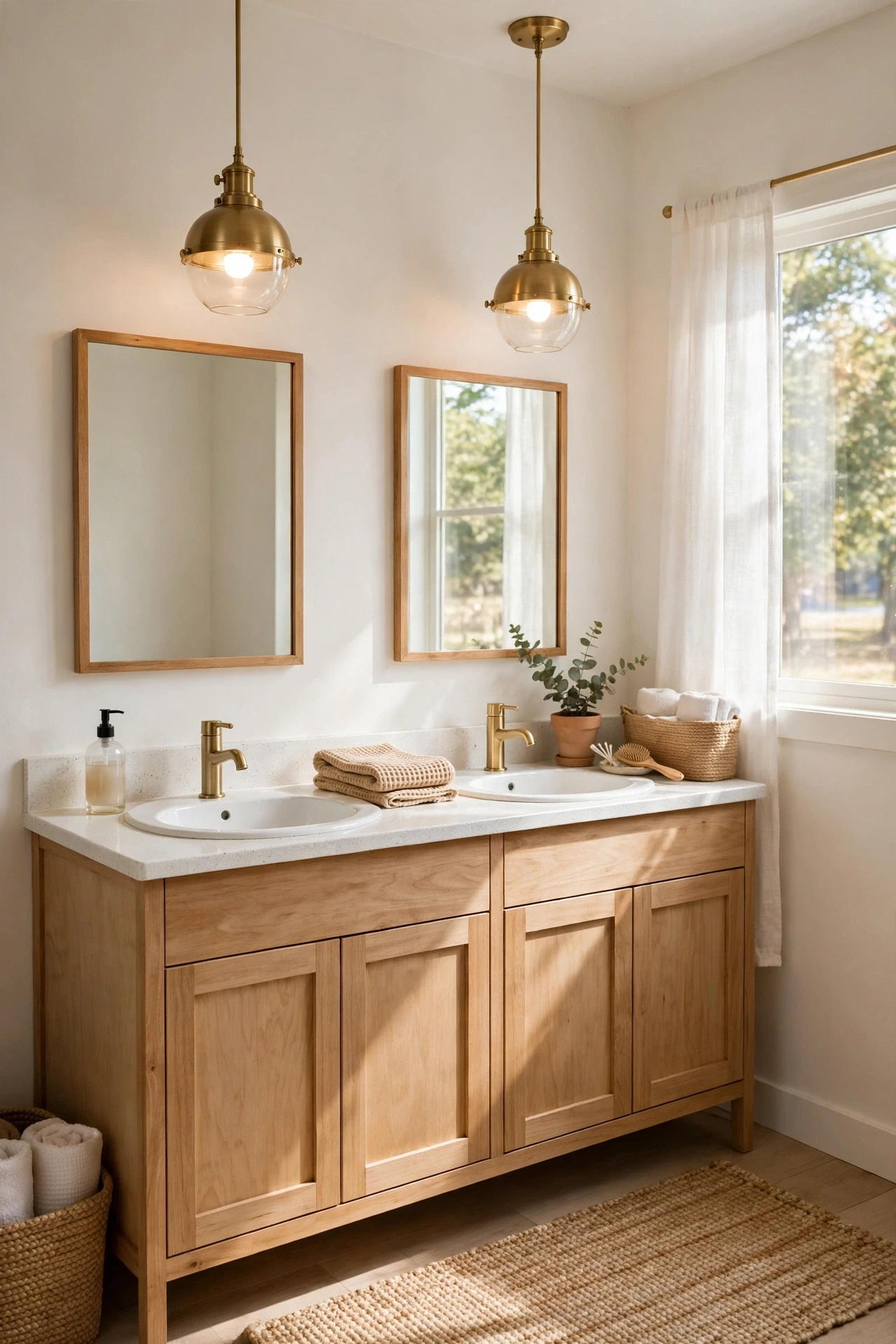 Brass pendant lights hanging over a double bathroom vanity